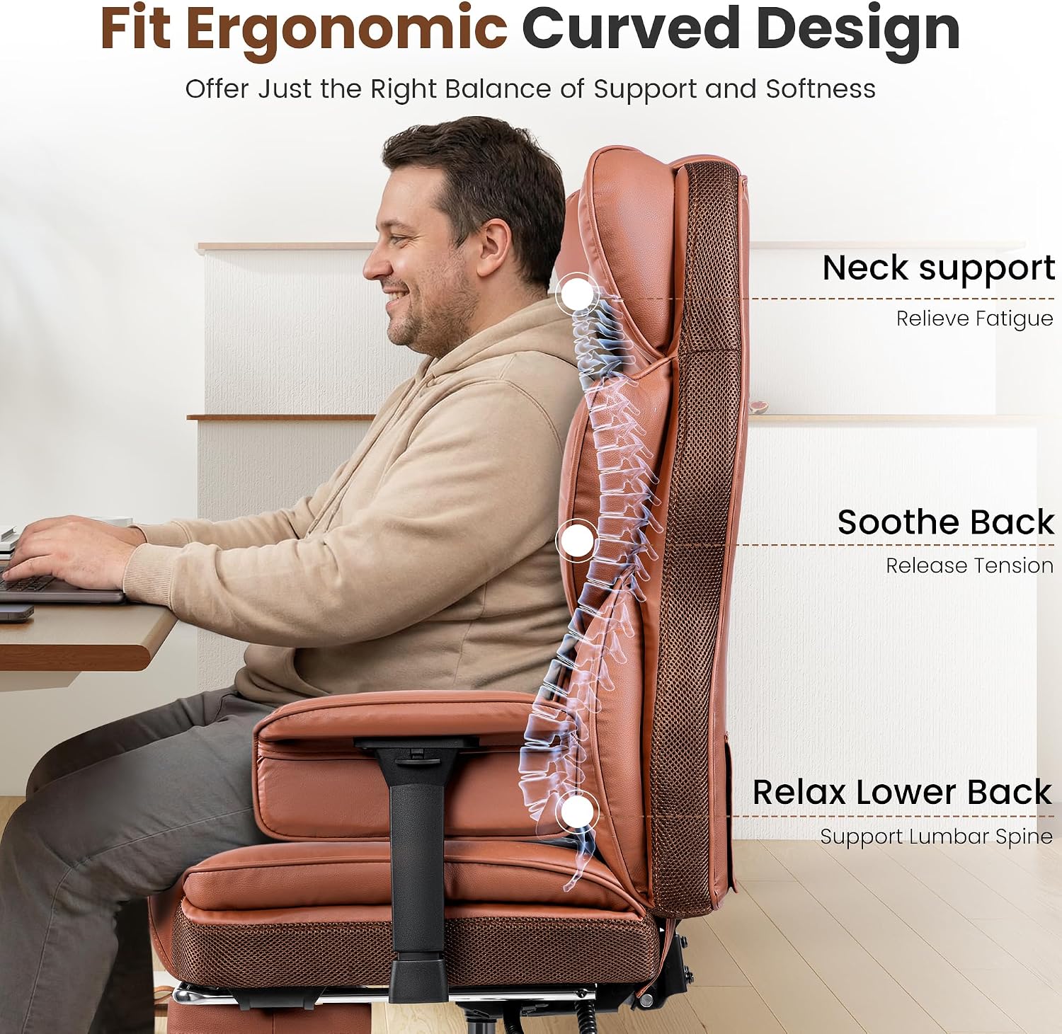 BESTFAIR Big and Tall Office Chair - 400 LBS Capacity Executive Chair with High Back & Footrest, Ergonomic Computer Gaming Chair for Heavy People, Wide Padded Seat, Brown PU Leather