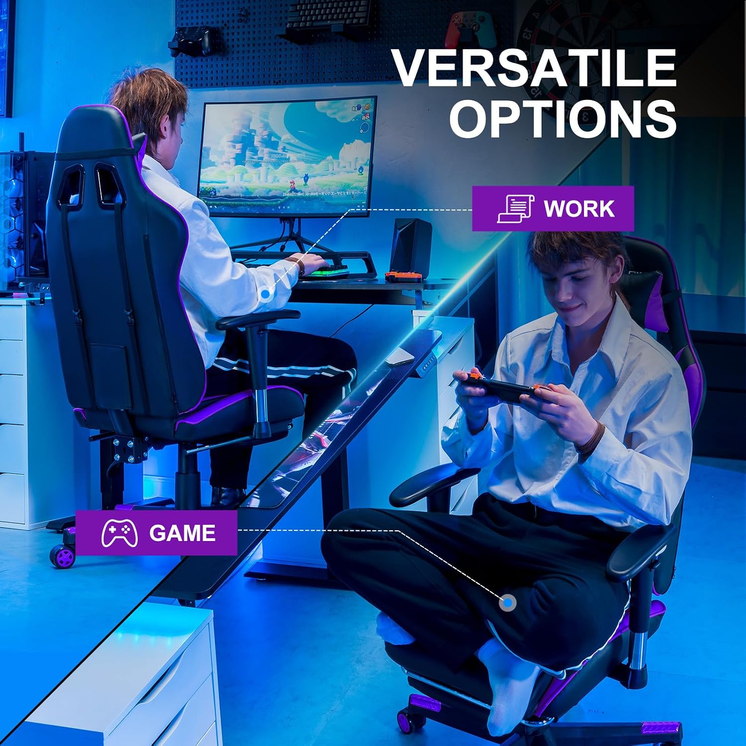 GTPLAYER Gaming Chair with Footrest, Ergonomic Computer Game Desk Chair, Recline Gaming Chair Seat Height Adjustment, Swivel Rocker with Headrest and Lumbar (Purple)