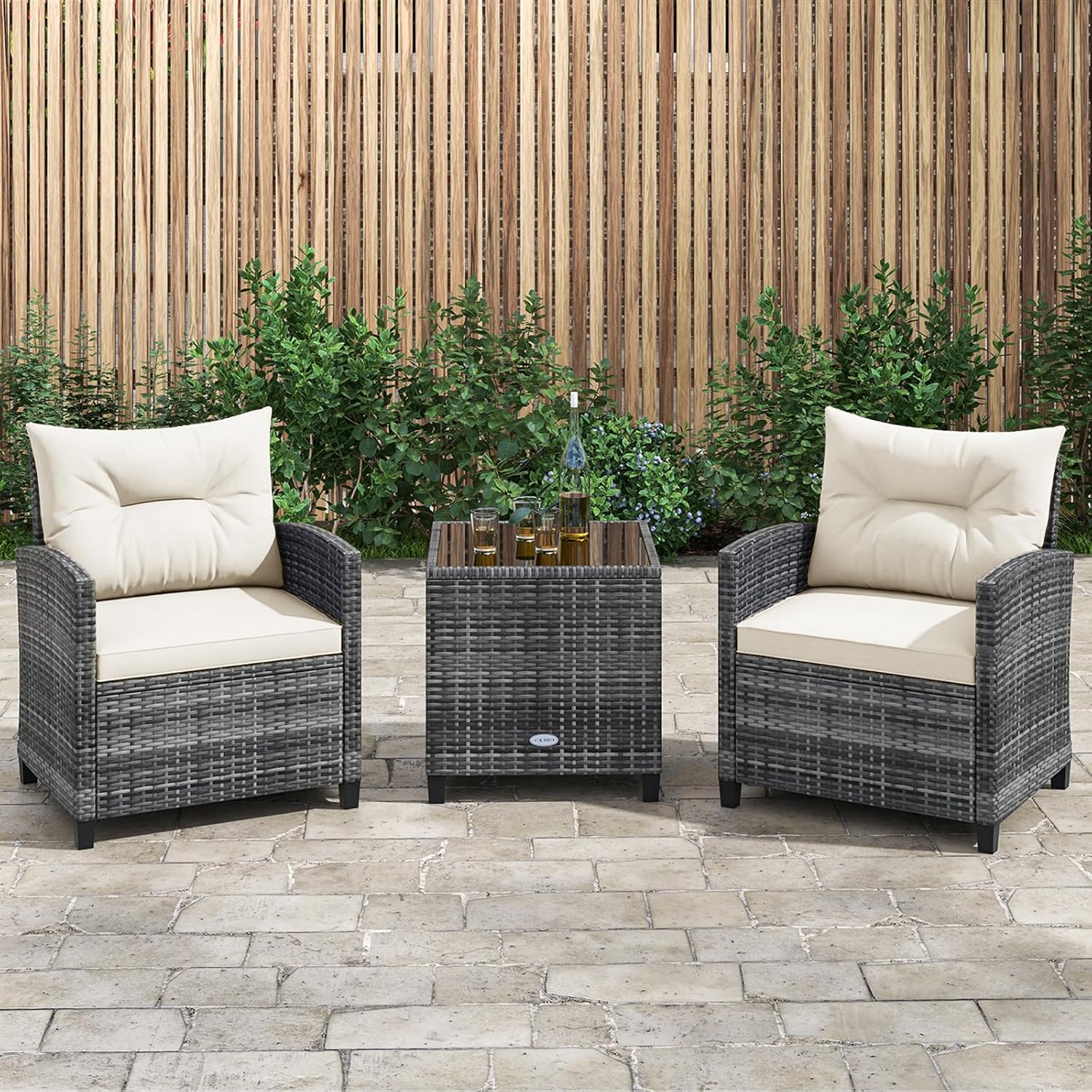 KOTEK 3 Piece Patio Furniture Set, Outdoor PE Rattan Conversation Set with Washable Cushions & Tempered Glass Tabletop, Wicker Chairs and Table Set for Porch, Garden, Balcony (White)