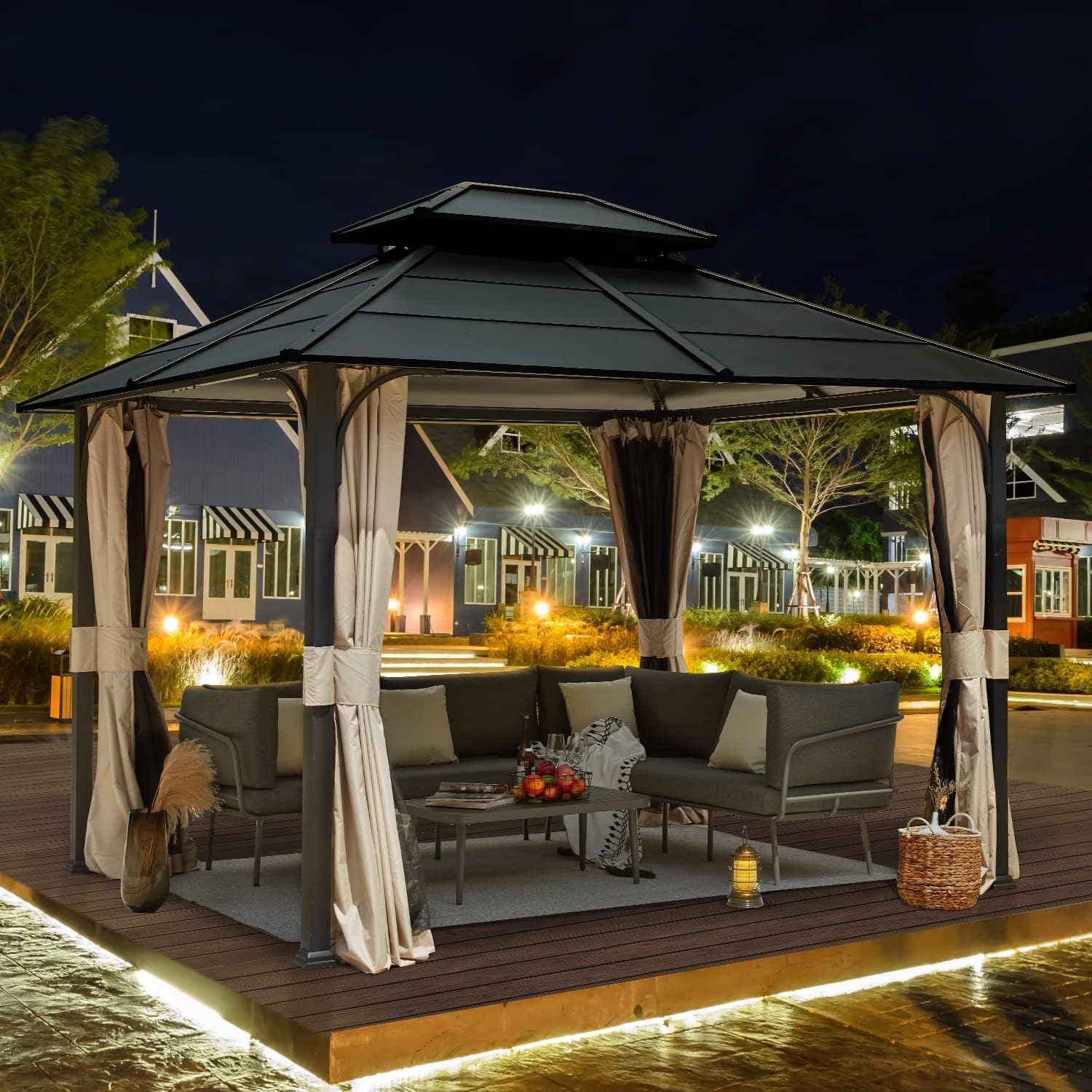 MELLCOM 10'x12' Hardtop Gazebo with Double Roof, Anti-Rust Coating Iron Top Metal Gazebos with Curtains and Netting, Hook Design Waterproof Canopy for Patios, Gardens, Lawns, and Backyards