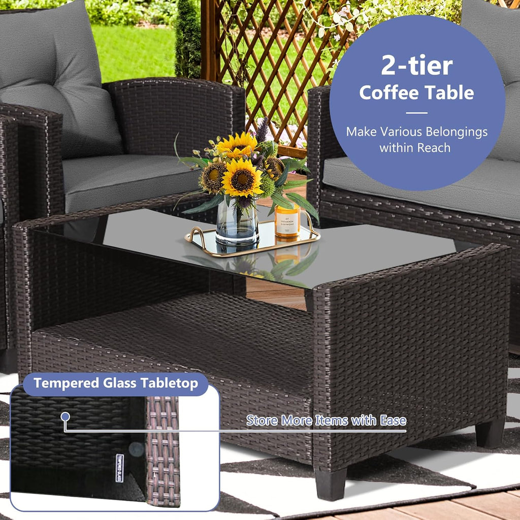 Tangkula 4-Piece Outdoor Rattan Furniture Set, PE Rattan Wicker Sectional Sofa with Loveseat Chair & Glass Table, Patio Cushioned Conversation Sets for Backyard Porch Garden Poolside (1, Gray)