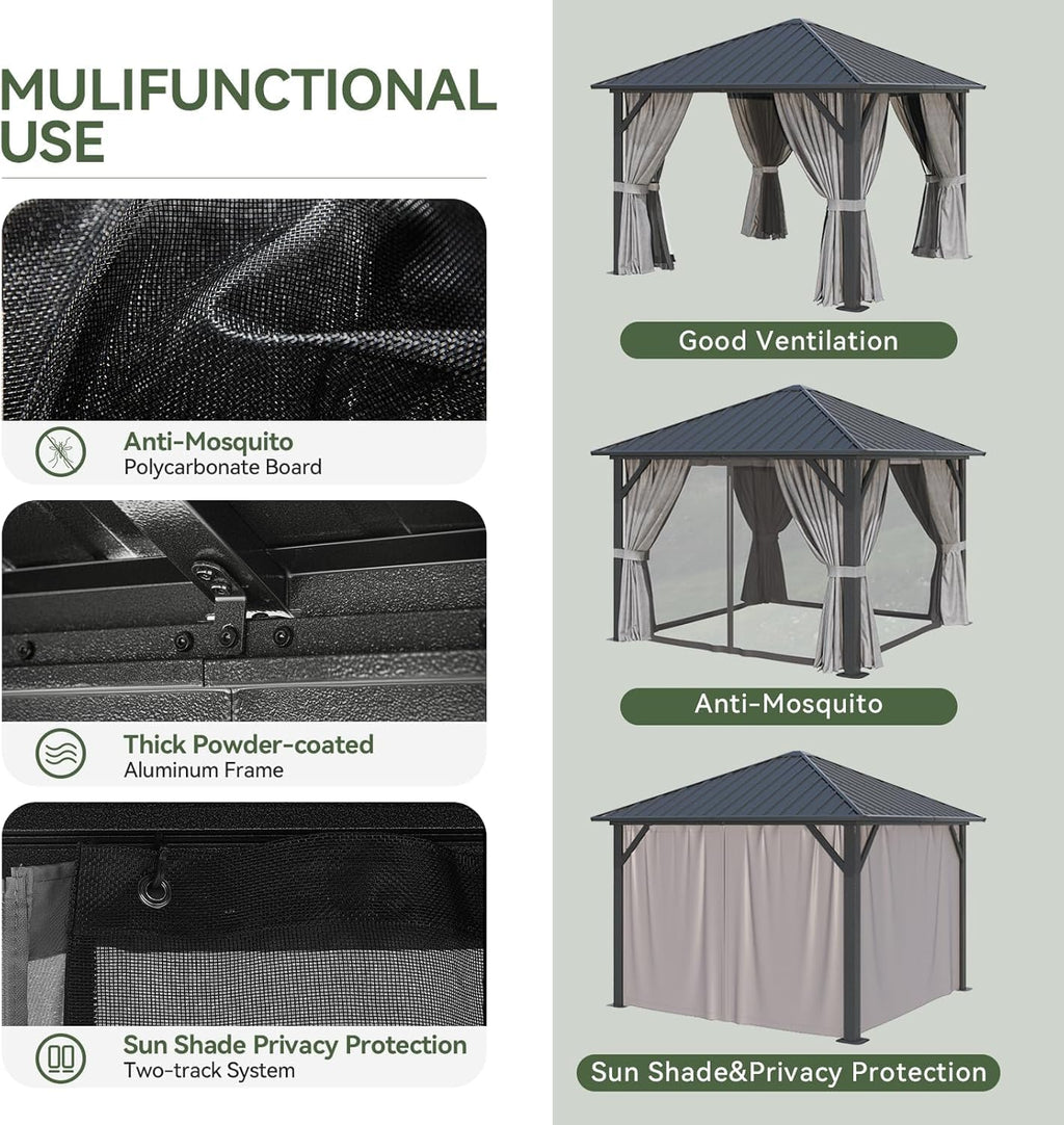 Aoxun Hardtop Gazebo 10x10, Aluminum Frame Canopy with Galvanized Steel Roof, Outdoor Gazebo with Breathable Netting and Privacy Curtain for Backyard