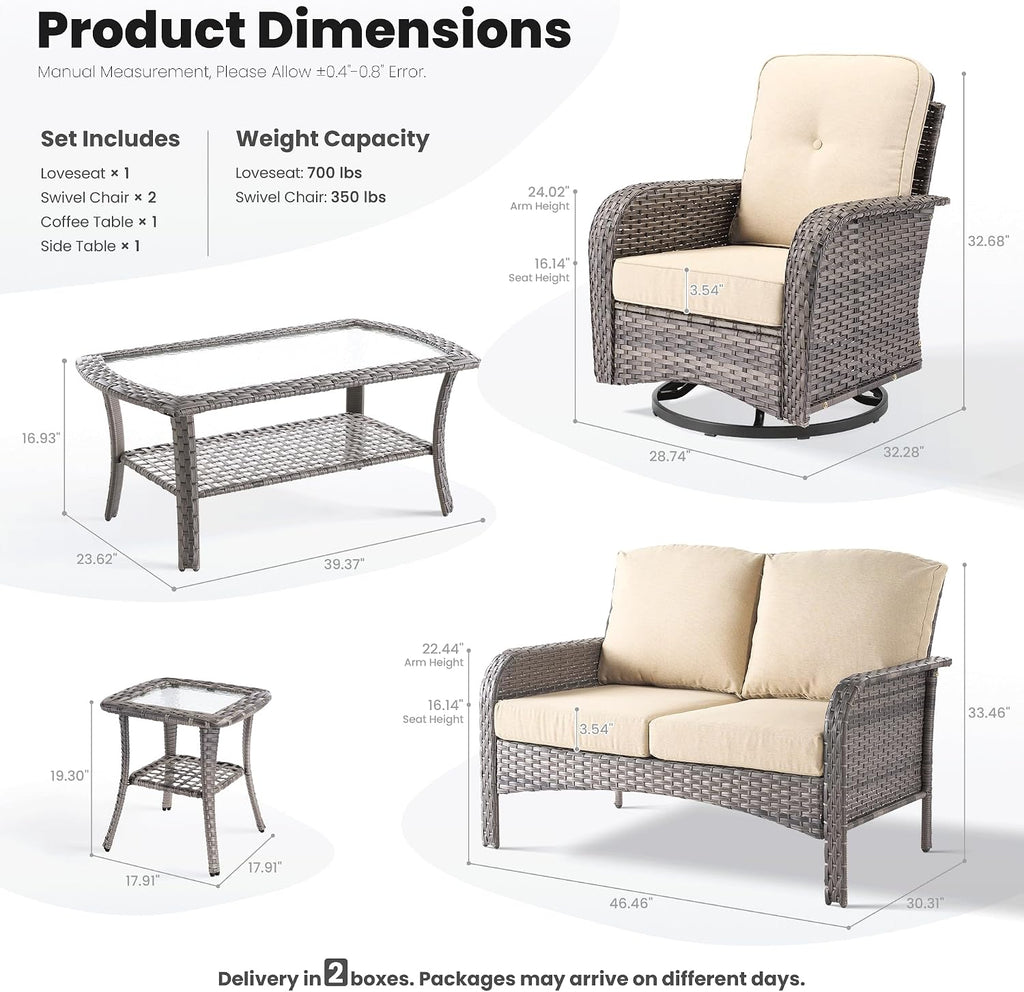 ovios 5-Piece Patio Furniture Set, Outdoor Wicker Sofa with Swivel Chairs Coffee Table, High Back Rattan Couch Loveseat with Comfy Cushions for Porch Yard Deck, Beige