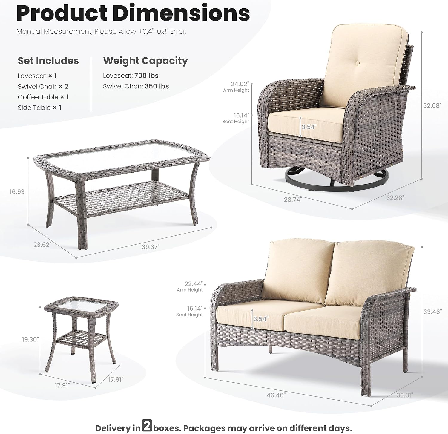 ovios 5-Piece Patio Furniture Set, Outdoor Wicker Sofa with Swivel Chairs Coffee Table, High Back Rattan Couch Loveseat with Comfy Cushions for Porch Yard Deck, Beige