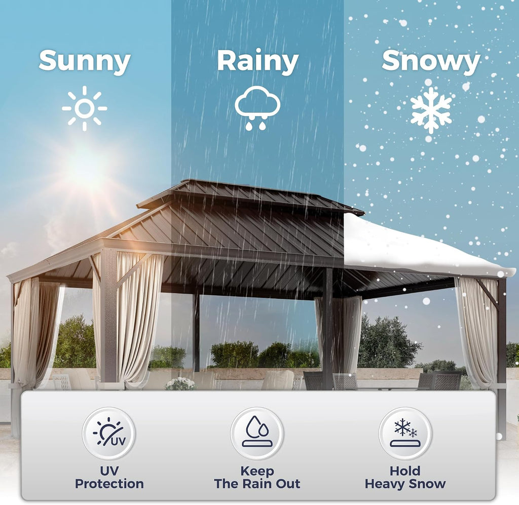 SUNSHINE VALLEY 12'x18' Hardtop Gazebo, Permanent Aluminum Outdoor Gazebo with Galvanized Steel Double Roof & Gutter System, Heavy Duty Patio Pavilion Canopy with Netting and Curtains for Deck, Garden