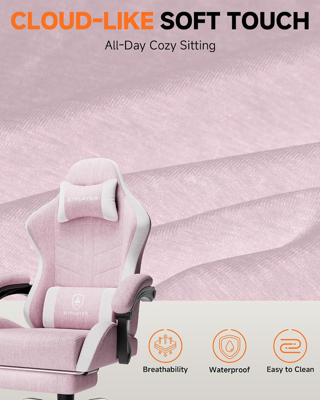 GTPLAYER Gaming Chair with Footrest, Computer Gaming Chair for Adults and Kids, Height Adjustable Gamer Chair with 90-155° Recline & Removable Headrest Lumbar Support,Linen Fabric Pink