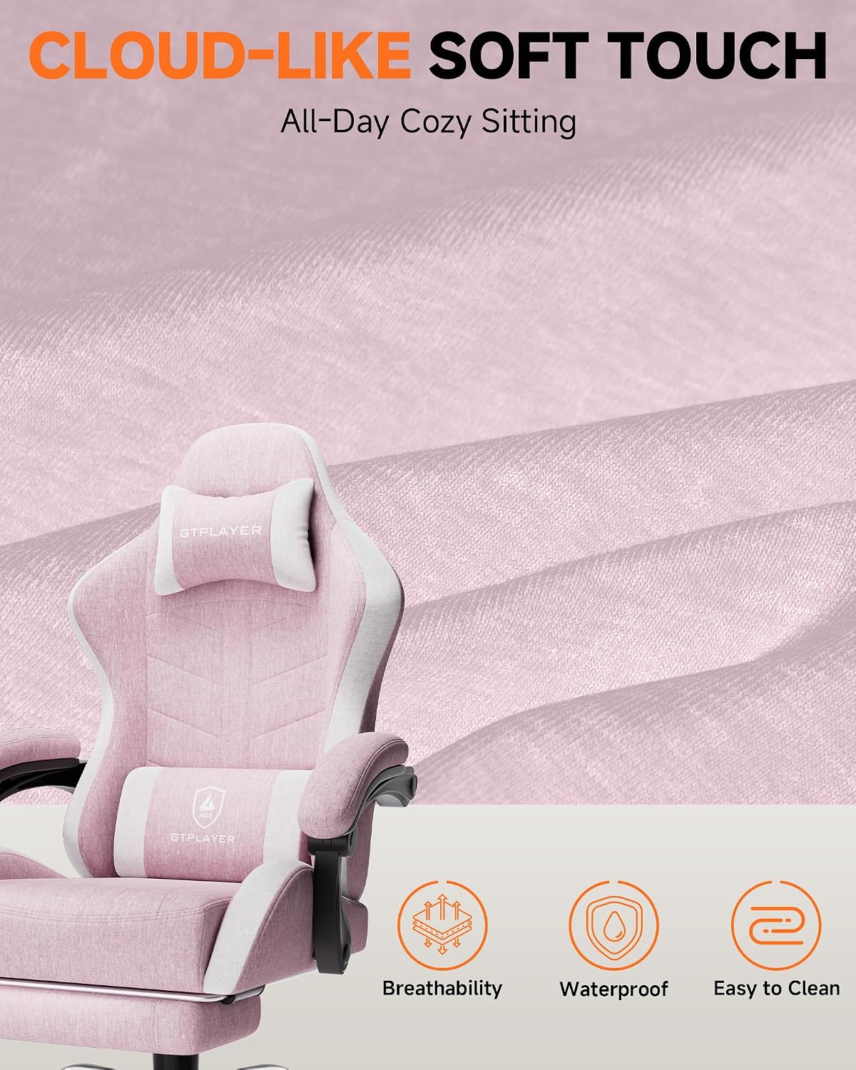 GTPLAYER Gaming Chair with Footrest, Computer Gaming Chair for Adults and Kids, Height Adjustable Gamer Chair with 90-155° Recline & Removable Headrest Lumbar Support,Linen Fabric Pink