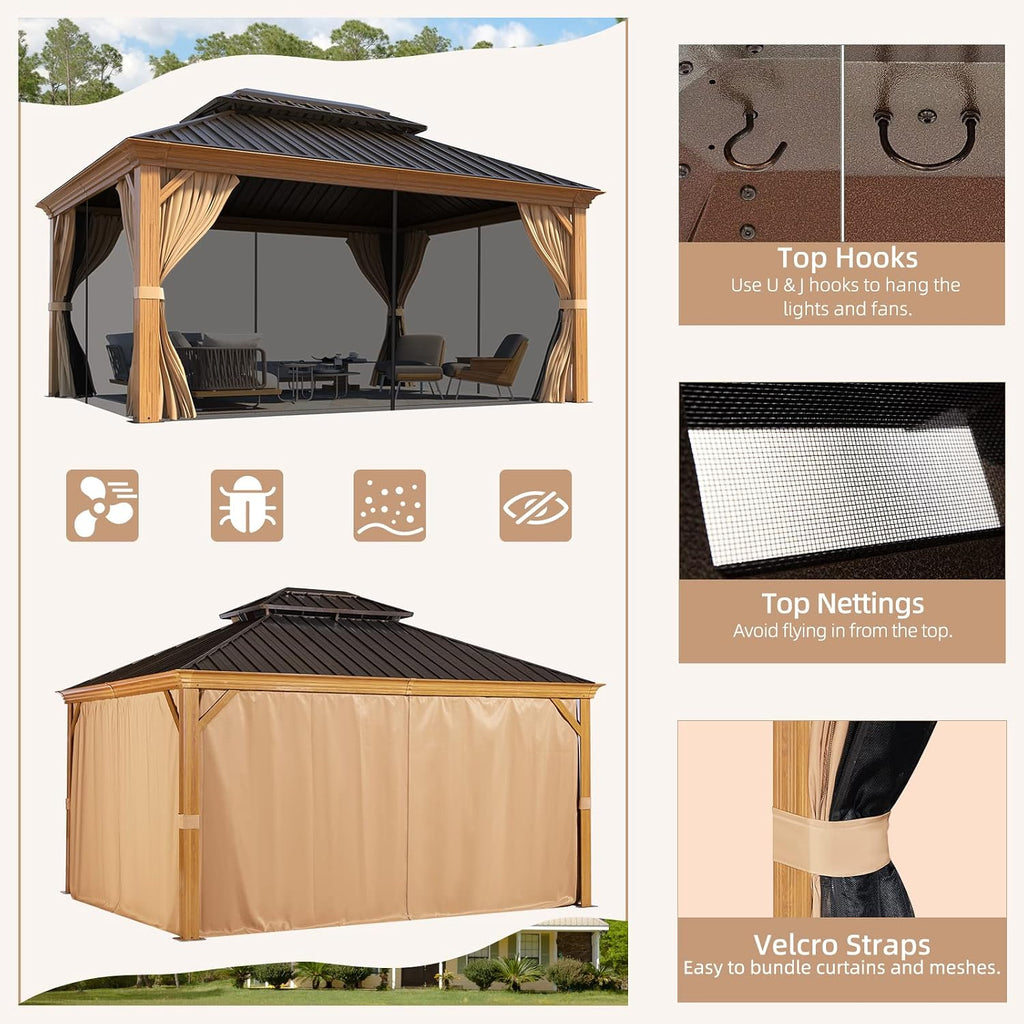 YOLENY 10' x 12' Hardtop Gazebo, Wood-Looking Gazebo with Galvanized Steel Double Roof, Aluminum Frame, Permanent Metal Pavilion with Netting and Curtains for Deck, Backyard, Patio and Lawns