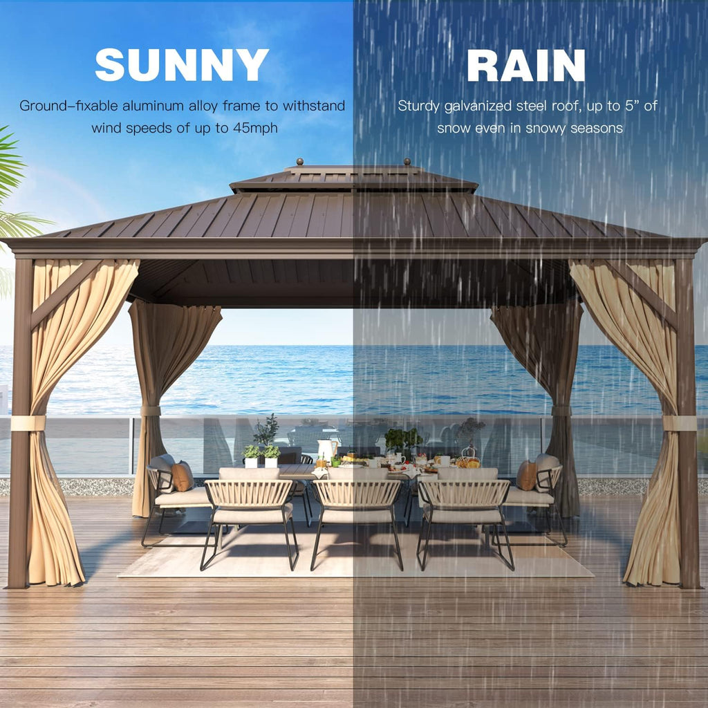 YOLENY 10'x12' Hardtop Gazebo with Double Galvanized Steel Roof, Gutters, Aluminum Frame, Curtains & Netting, Outdoor Metal Gazebos for Patio Garden Lawn Parties
