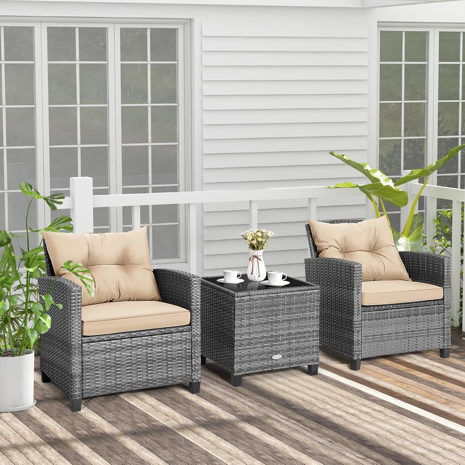COSTWAY 3PCS Patio Furniture Set, PE Rattan Wicker Sofa w/Washable Cushion and Coffee Table, Tempered Glass Tabletop, Outdoor Conversation Set for Balcony, Porch, Yard, Backyard, Lawn (Beige)