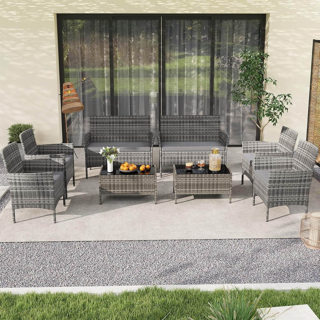 RELAX4LIFE 8-Piece Patio Furniture Set - Rattan Outdoor Conversation Bistro Set w/Cushions, Glass Coffee Table, Wicker Chairs & Loveseat for Garden Backyard Porch, Balcony Furniture Set (2, Mix Grey)