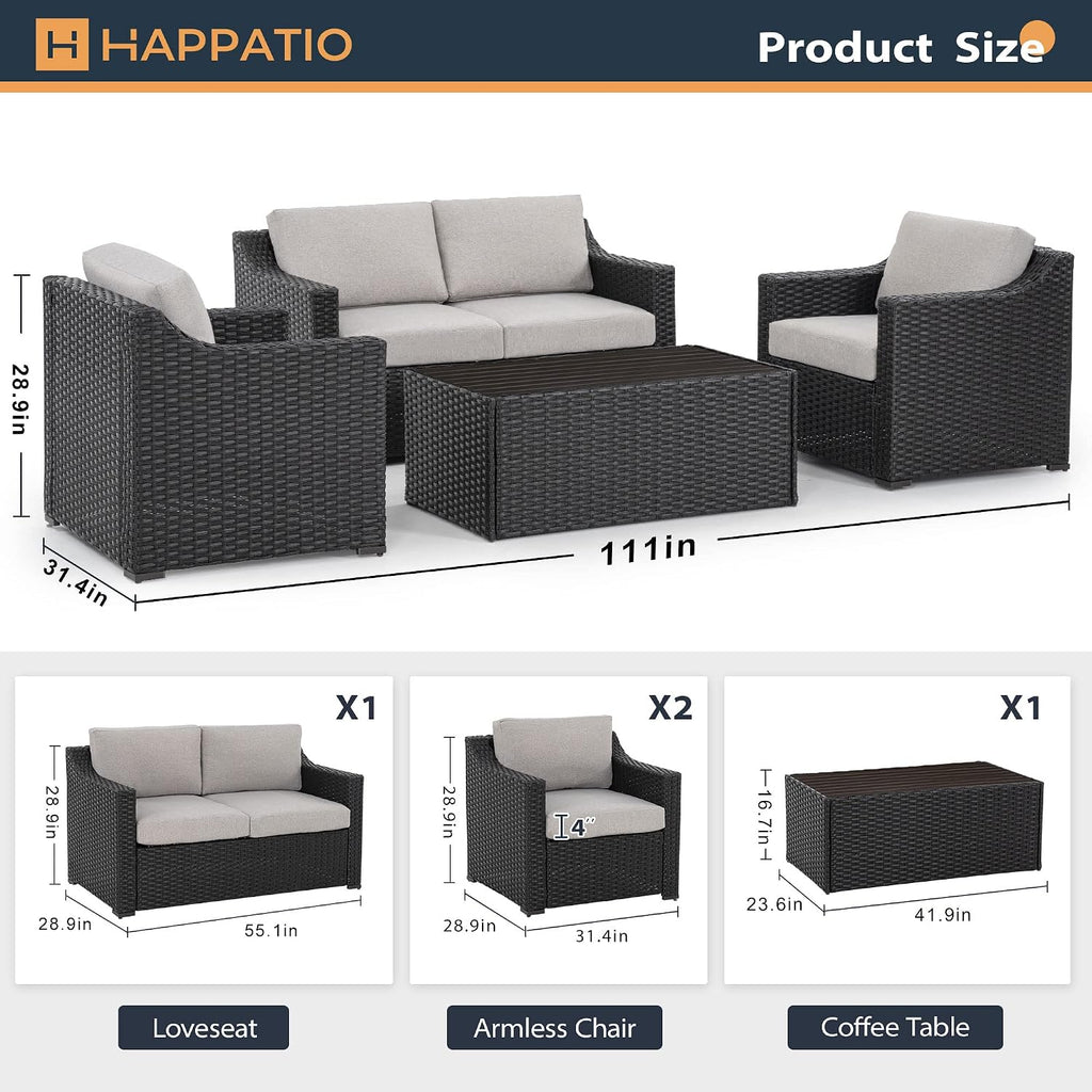 HAPPATIO Patio Conversation Set for 4, Modern Outdoor Sectional Sofa, PE Rattan Wicker (Brown/Grey)