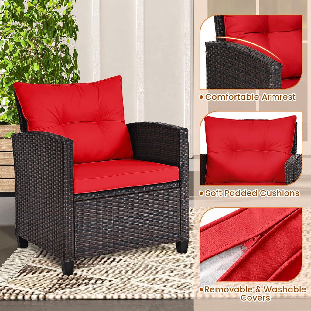 ORALNER 3 Pieces Patio Furniture Set, Outdoor Wicker Conversation Set Rattan Chairs with Cushions, Glass Coffee Table, Bistro Set for Front Porch Balcony Garden Deck Poolside (Red)