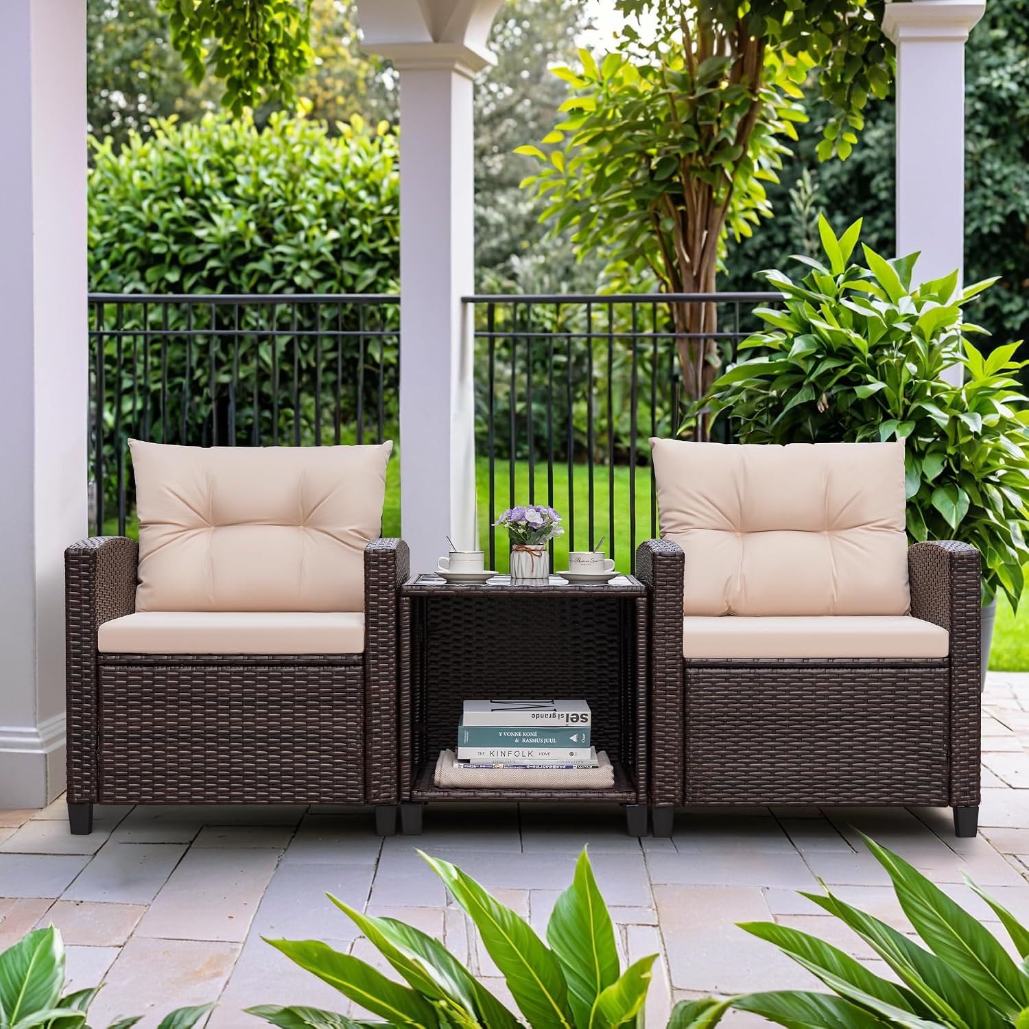 Greesum 3 Pieces Patio Furniture Sets Outdoor PE Rattan Wicker Chairs with Soft Cushion and Glass Coffee Table for Garden Backyard Porch Poolside, Beige