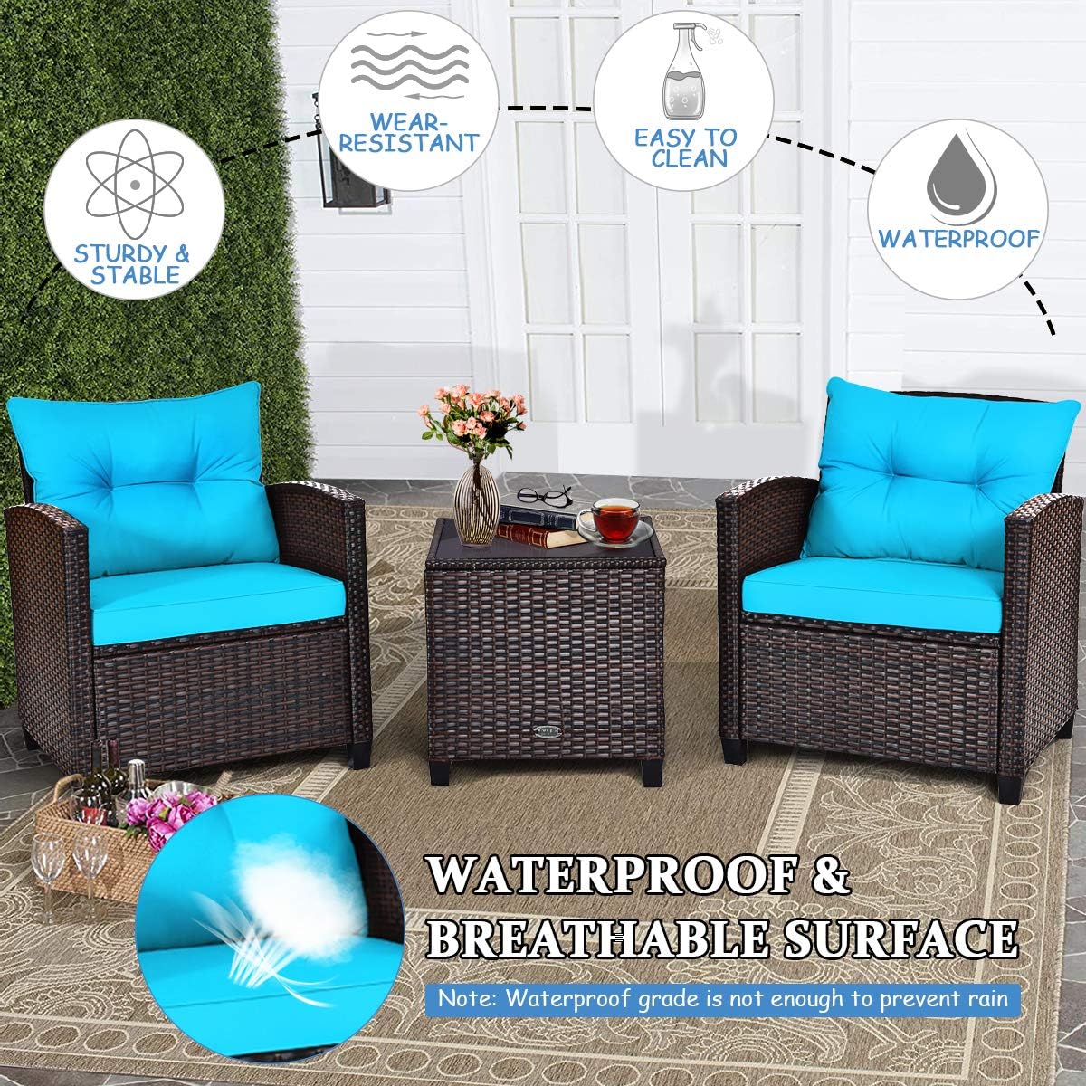 COSTWAY 3PCS Patio Furniture Set, PE Rattan Wicker Sofa w/Washable Cushion and Coffee Table, Tempered Glass Tabletop, Outdoor Conversation Set for Balcony, Porch, Yard, Backyard, Lawn, Turquoise