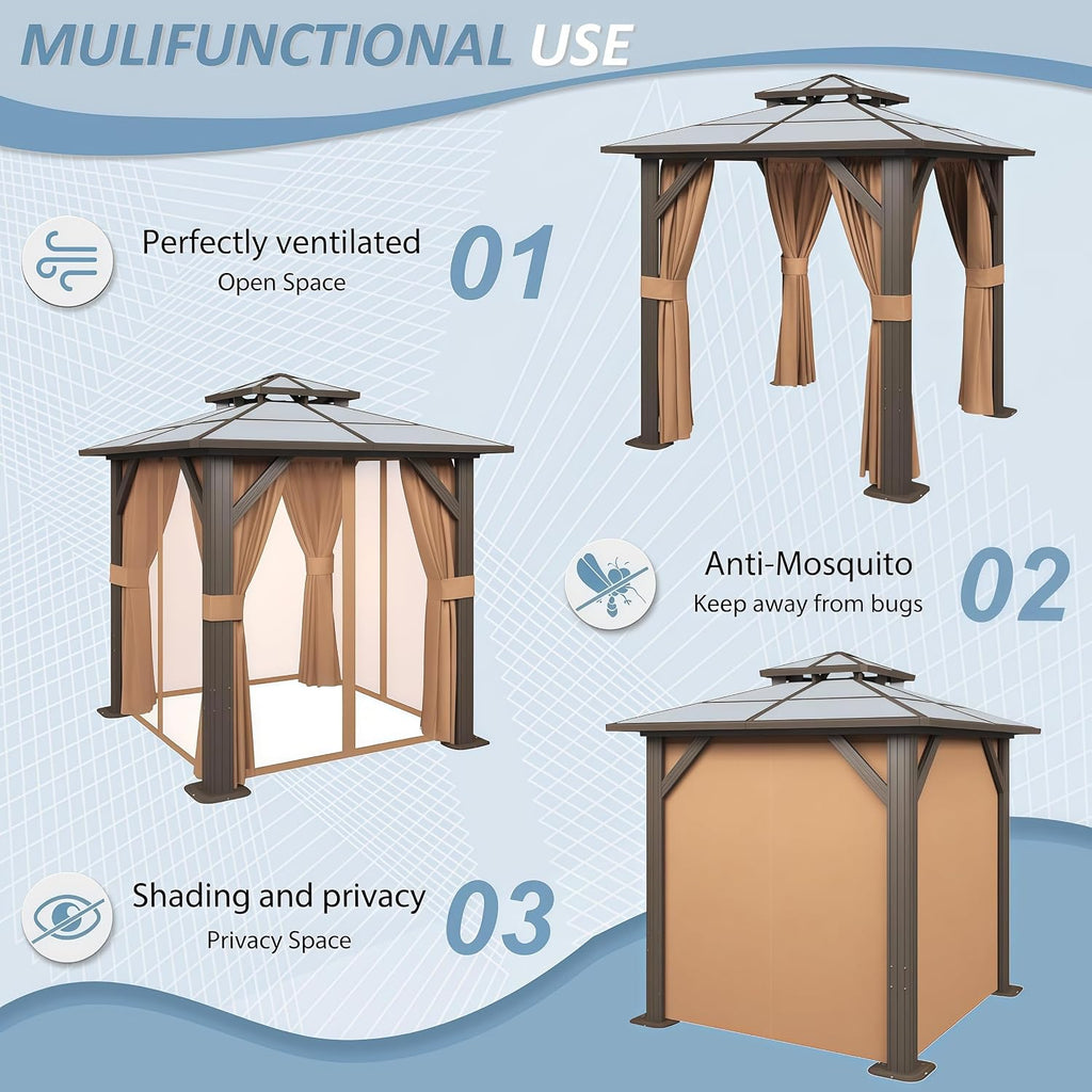 Aoxun 8'x 8' Hardtop Gazebo, Outdoor Polycarbonate Double Top Canopy, Aluminum Frame Gazebo with Netting and Curtains, Sunshade for Gardens, Patios, Lawns, Brown