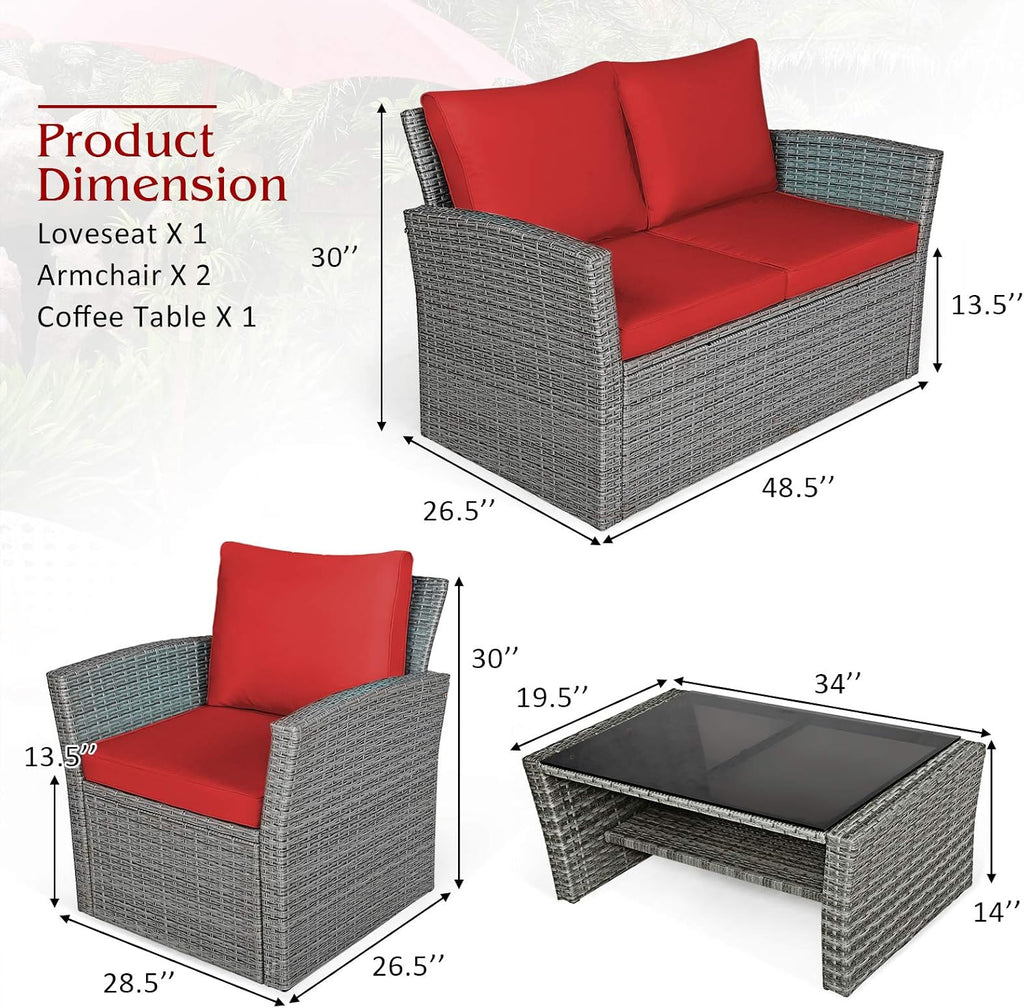 COSTWAY 4 Pieces Patio Rattan Furniture Set, Outdoor Wicker Sofa Set with Tempered Glass Coffee Table, Cushions, All Weather Rattan Conversation Set for Yard Balcony Backyard Pool (Red)