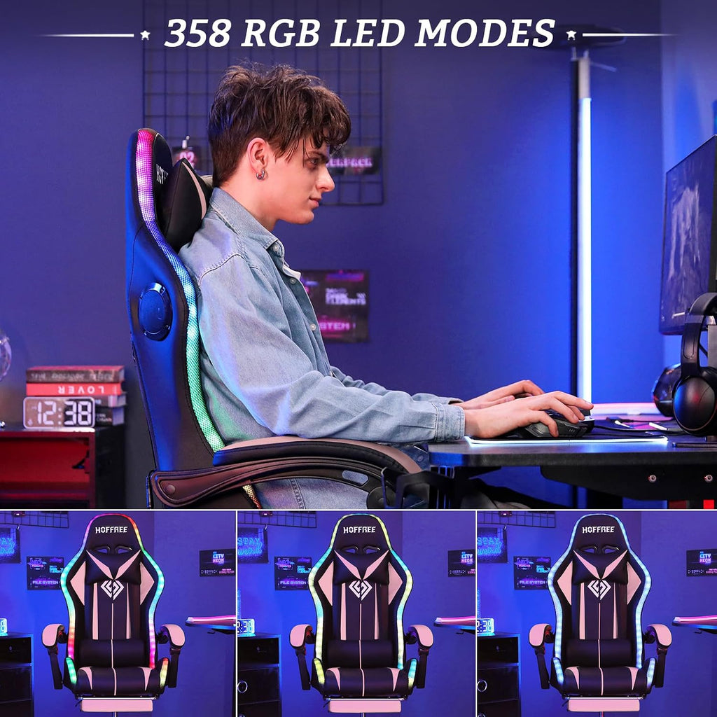 Gaming Chair with Speakers and Lights Ergonomic Computer Gaming Chair with Footrest LED RGB Lights Massage High Back Music Video Game Chair with Lumbar Support Pink and Black