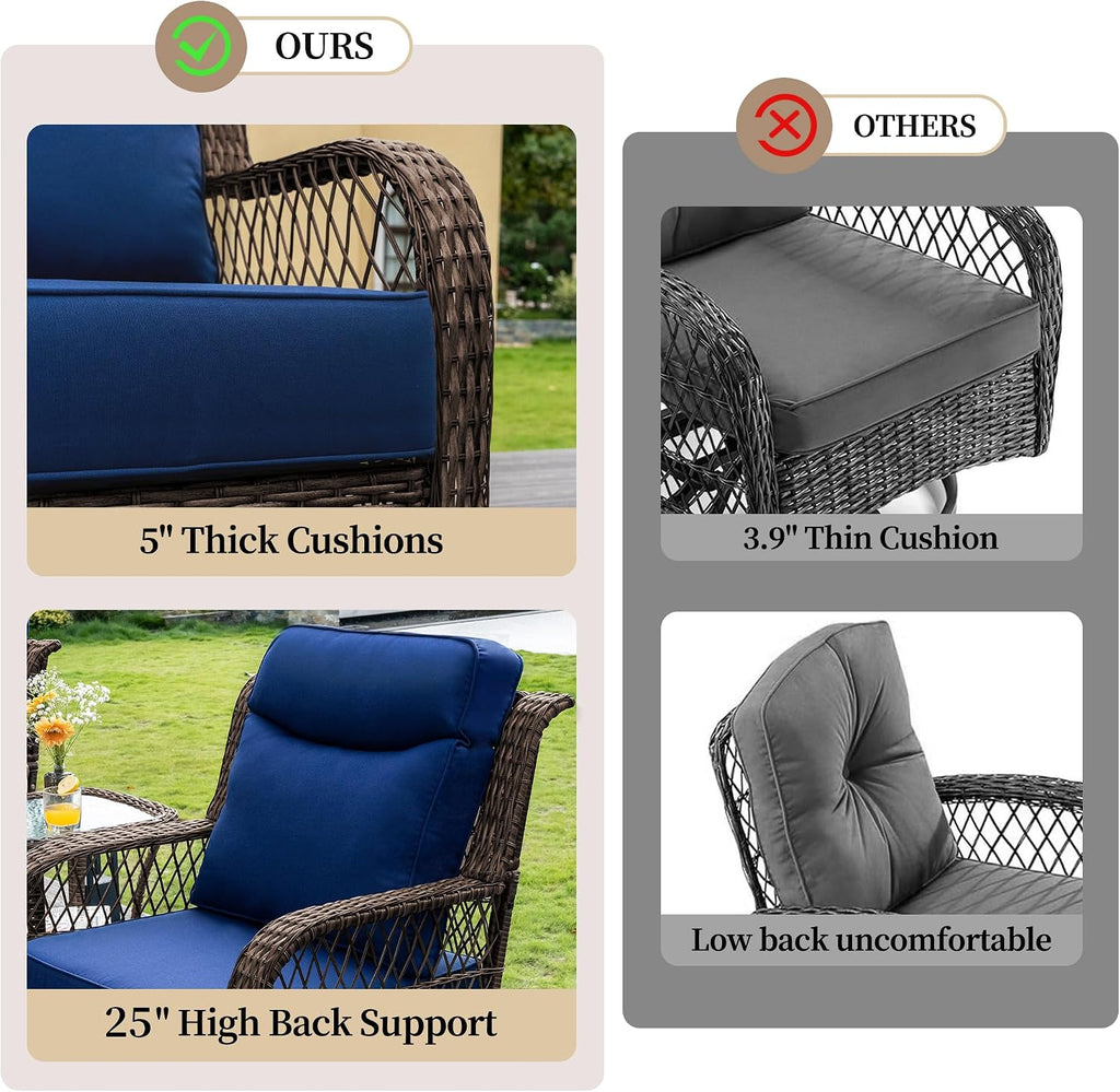 PIZZELLO Outdoor Swivel Chairs 3 Piece Wicker Rocking Chairs Set Patio Furniture Set with Rattan Side Table Rocker Bistro Sets for Outside Porch Backyard (5' Thick Cushions and 25' Full Support Back)