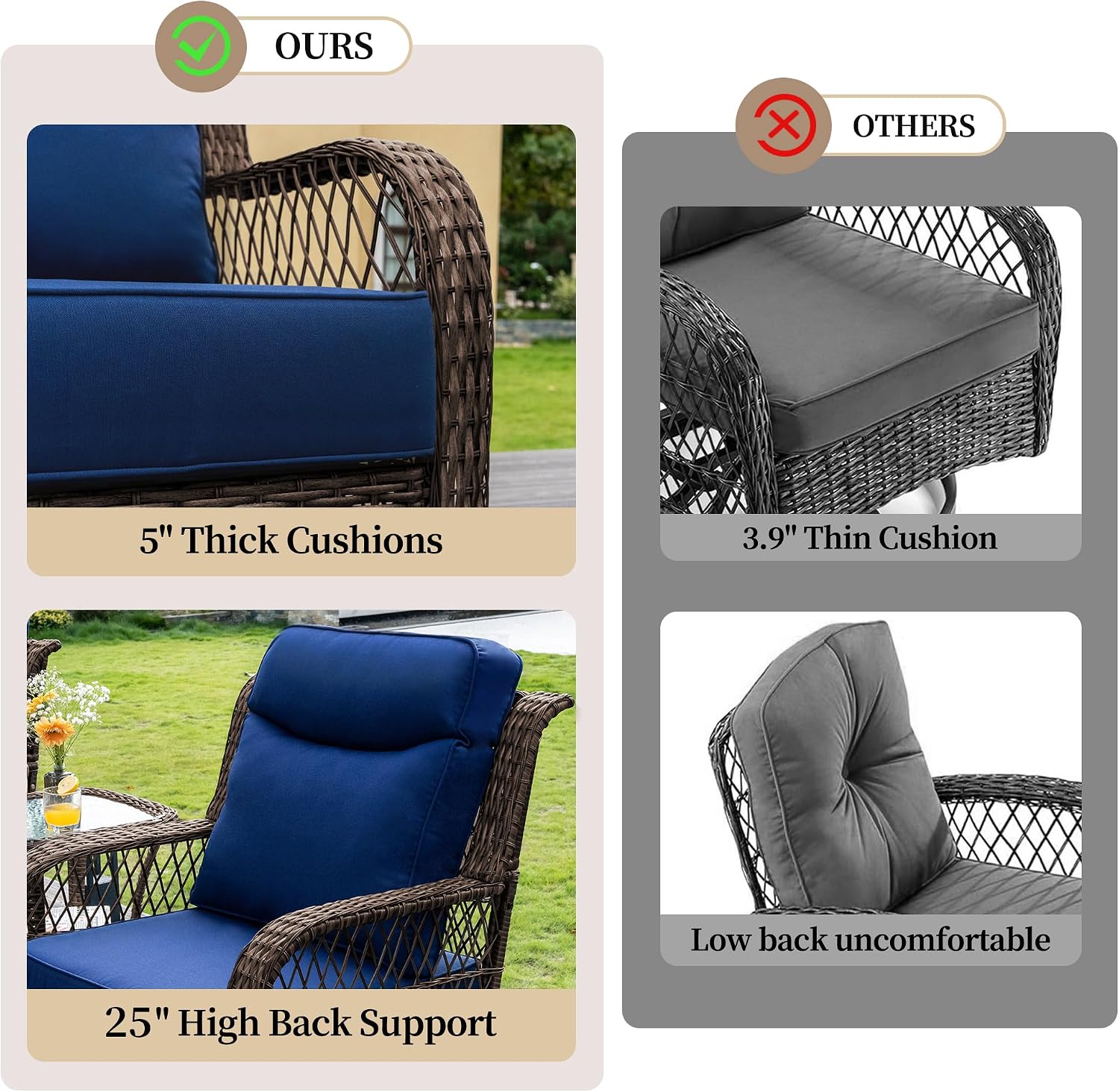 PIZZELLO Outdoor Swivel Chairs 3 Piece Wicker Rocking Chairs Set Patio Furniture Set with Rattan Side Table Rocker Bistro Sets for Outside Porch Backyard (5' Thick Cushions and 25' Full Support Back)
