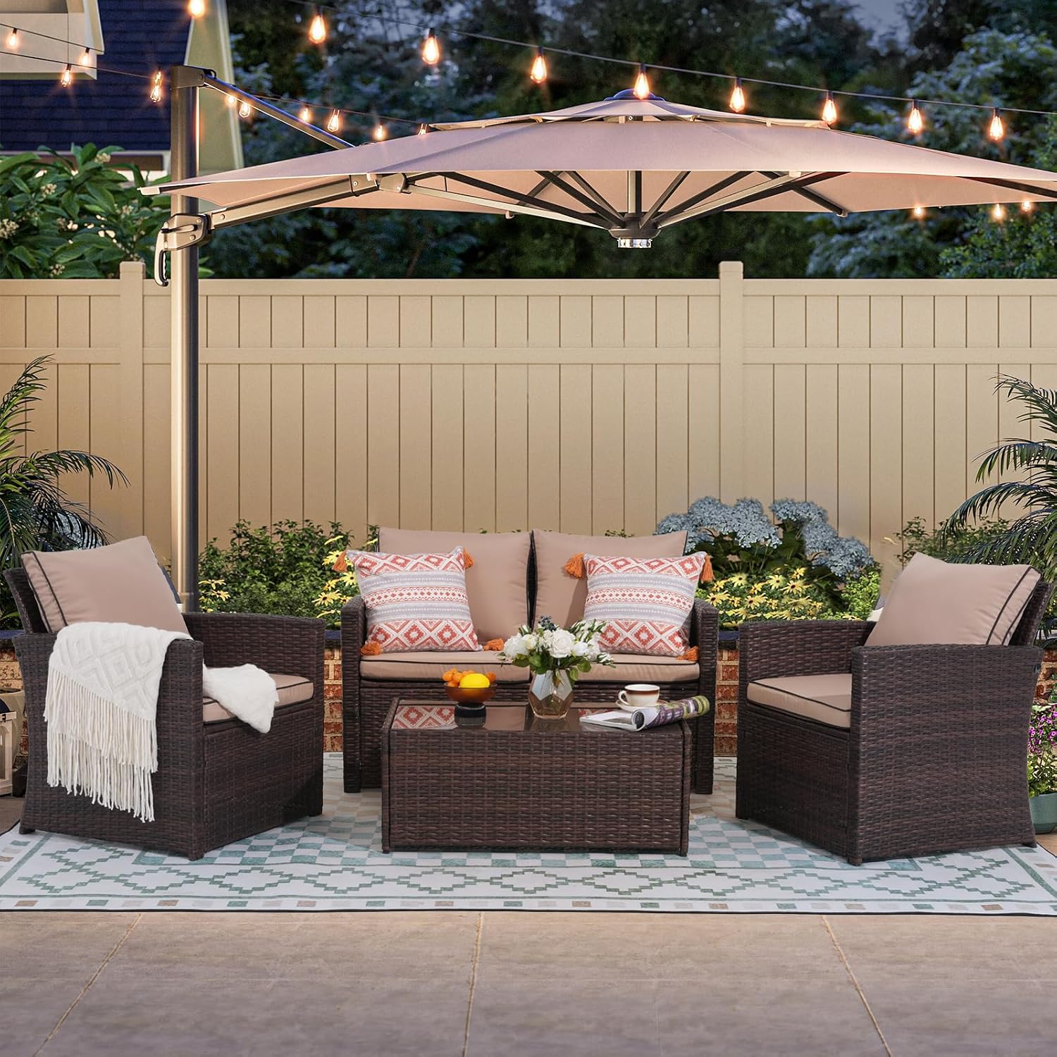 JOIVI Patio Furniture Set, 4 Piece Outdoor Patio Conversation Set, All-Weather PE Rattan Wicker Sectional Patio Sofa Set with Tempered Glass Coffee Table, Brown