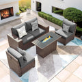 Patio Furniture Set with Fire Pit Table 5 Piece, Outdoor Conversation Sets Brown Wicker Rattan Sectional Sofa for Deck Garden Backyard, 4'' Thickened Cushion Dark Grey
