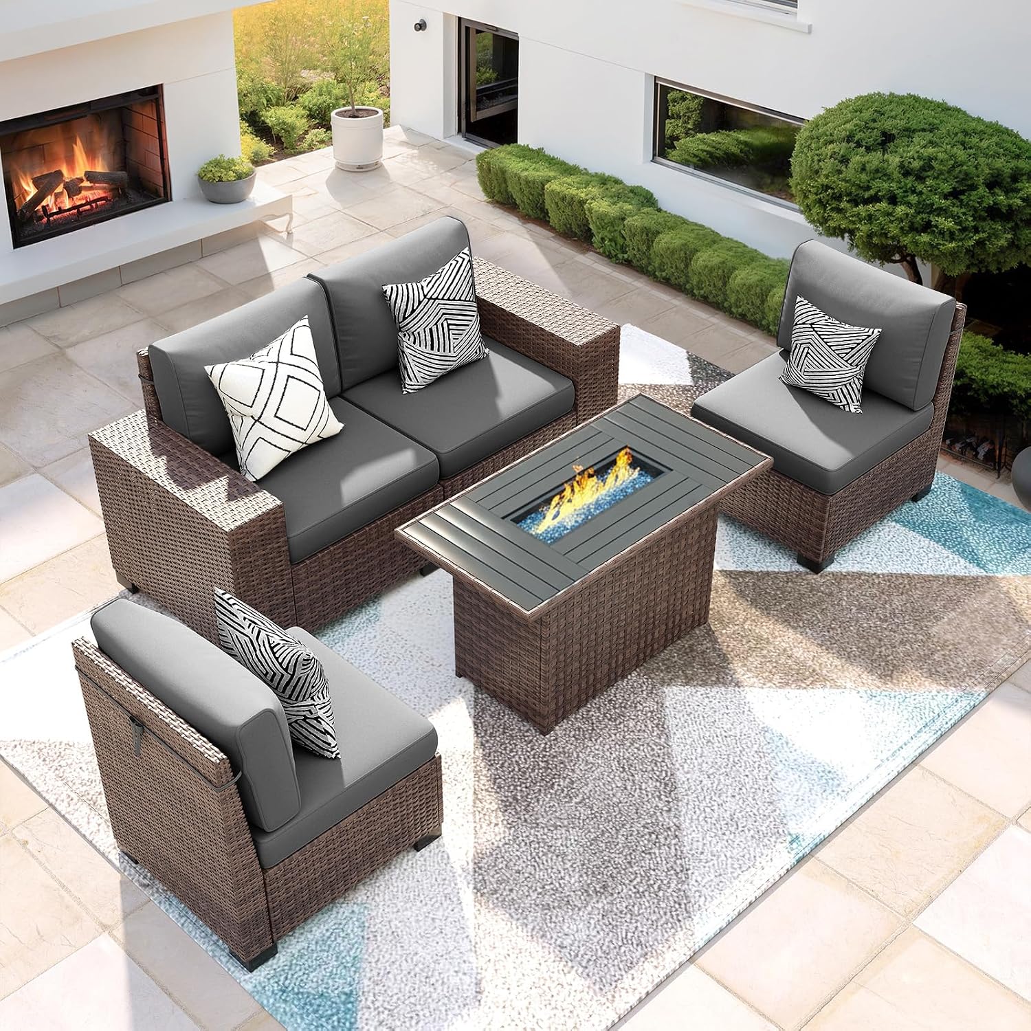 Patio Furniture Set with Fire Pit Table 5 Piece, Outdoor Conversation Sets Brown Wicker Rattan Sectional Sofa for Deck Garden Backyard, 4'' Thickened Cushion Dark Grey