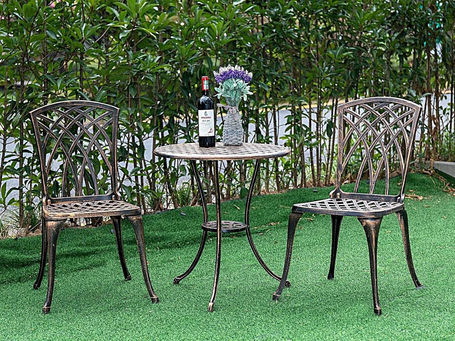 Bistro Set 3 Piece Cast Aluminum Patio Furniture Sets 2 Chairs and 1 Round Table with Umbrella Hole for Outdoor, Patio Balcony, Bronze