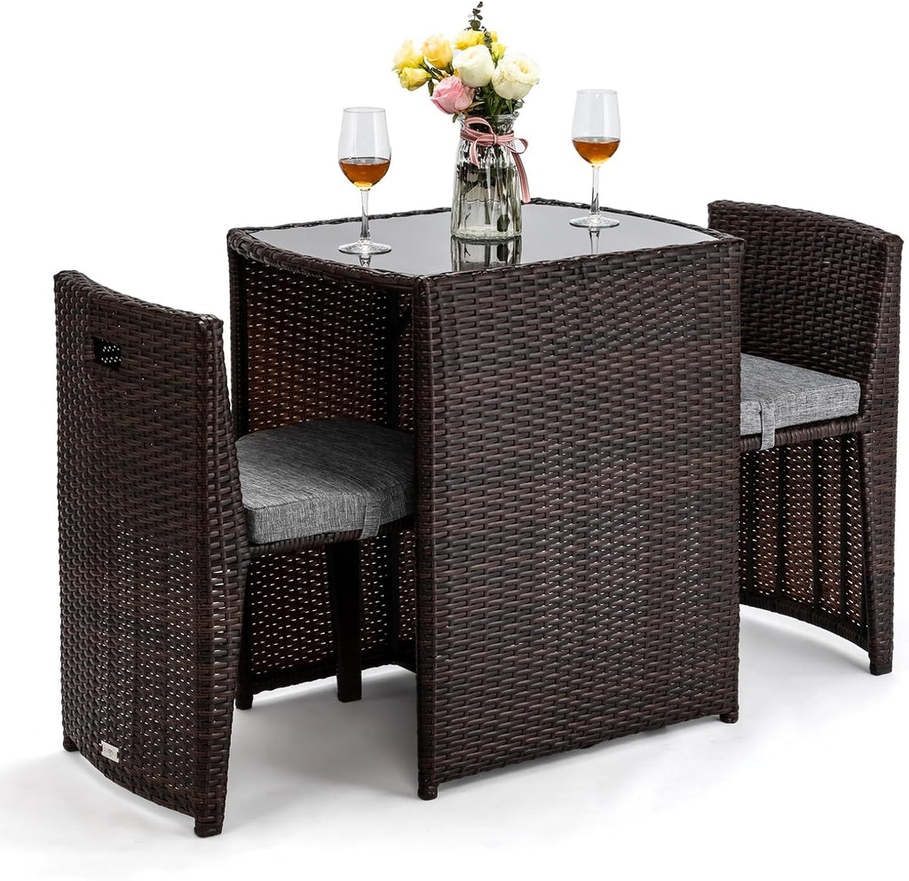 Bonnlo 3 PCS Wicker Outdoor Patio Bistro Set, Patio Furniture Set for Small Space with Glass Top Table Dining Chairs, Balcony Furniture Patio Table and Chairs Set of 2 for Garden Yard Porch (Brown)