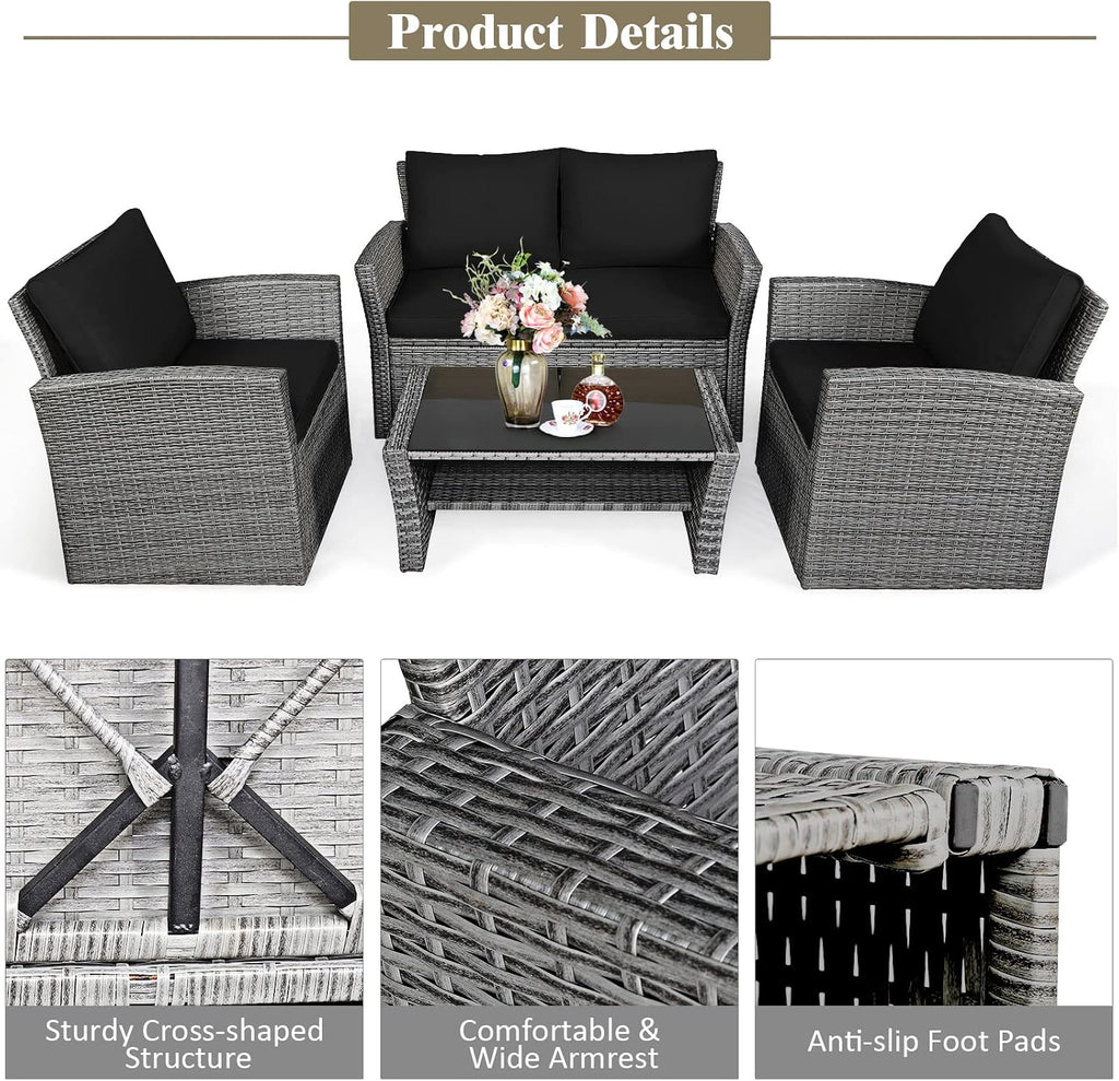 COSTWAY 4 Pieces Patio Rattan Furniture Set, Outdoor Wicker Sofa Set with Tempered Glass Coffee Table, Cushions, All Weather Rattan Conversation Set for Yard Balcony Backyard Pool (Black)