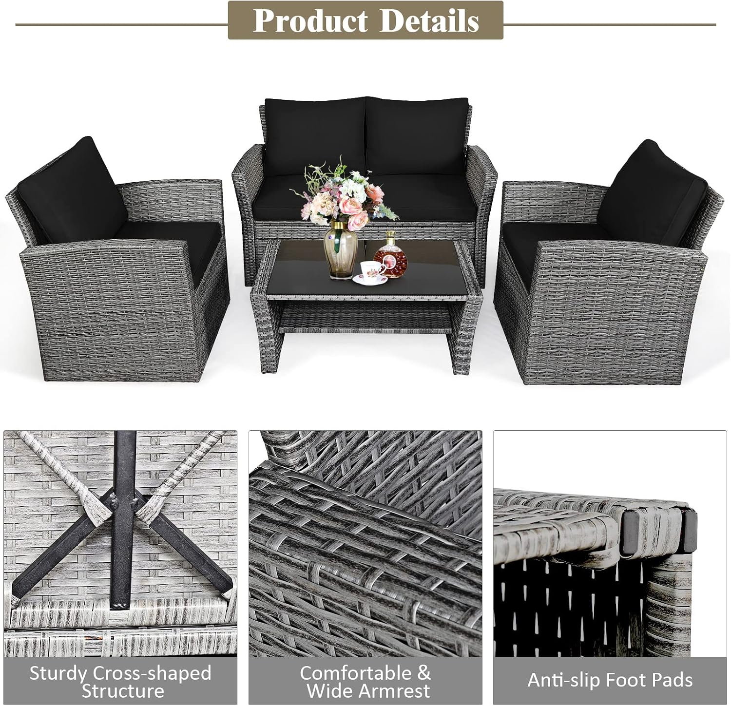 COSTWAY 4 Pieces Patio Rattan Furniture Set, Outdoor Wicker Sofa Set with Tempered Glass Coffee Table, Cushions, All Weather Rattan Conversation Set for Yard Balcony Backyard Pool (Black)