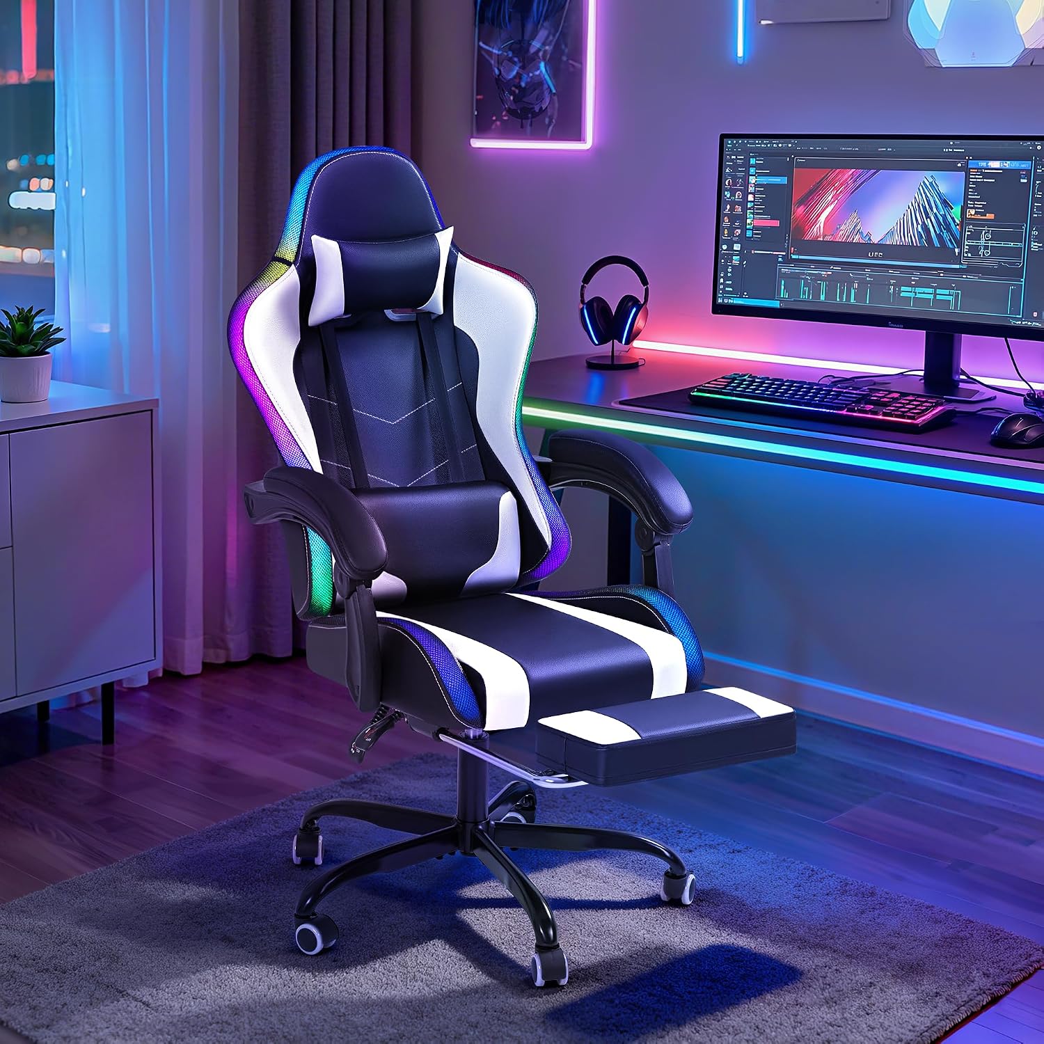 Gaming Chair with RGB, Computer Gaming Chairs with LED Lights and Footrest for Home, Office, White and Black