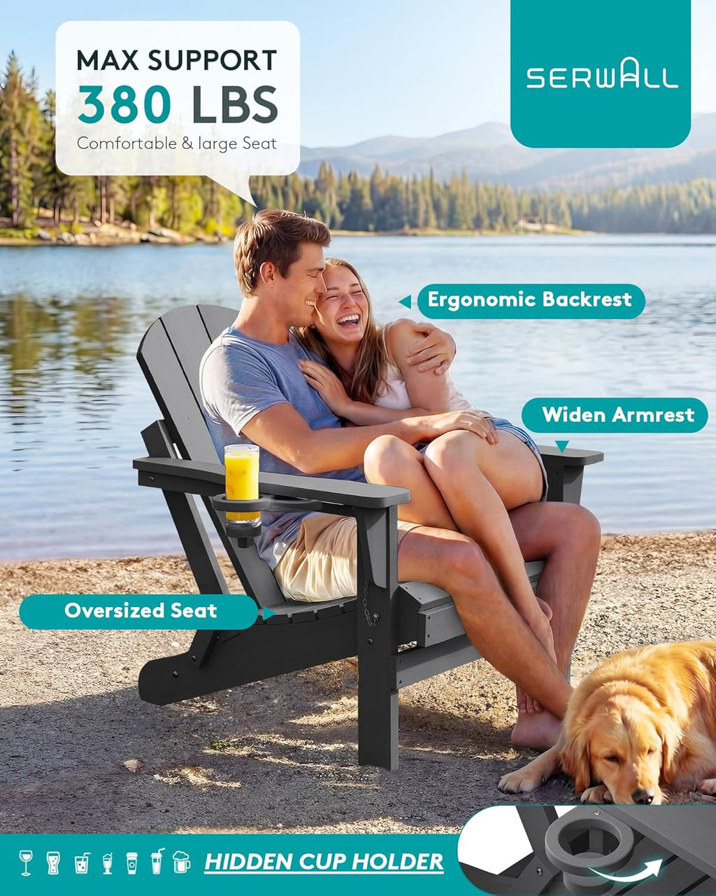 SERWALL Folding Adirondack Chair with Cup Holder Set of 2, All Weather Adirondack Chairs, Fire Pit Chairs for Patio Garden Outdoors Fire Pit - Gray