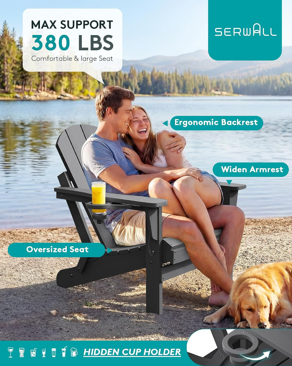SERWALL Folding Adirondack Chair with Cup Holder Set of 4, Weather Resistant HIPS Patio Chairs, Wooden Textured, Fire Pit Chairs for Garden Outdoors Fire Pit - Gray