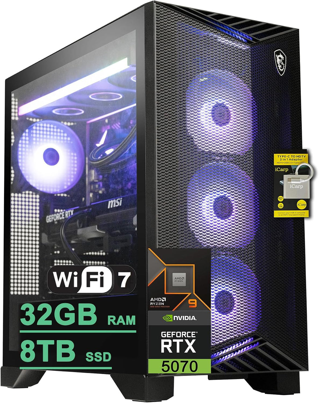 msi Aegis ZS2 Gaming Desktop AMD 12-core Zen 5 Ryzen 9 9900X (>i9-14900HX) 32GB DDR5 8TB SSD GeForce RTX 5070 DLSS 4 360mm Liquid Cooler 750W 80+ Gold PSU Support HDD Win11 ICP Hub