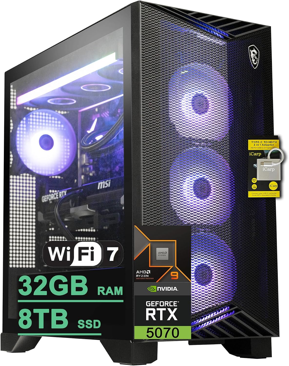 msi Aegis ZS2 Gaming Desktop AMD 12-core Zen 5 Ryzen 9 9900X (>i9-14900HX) 32GB DDR5 8TB SSD GeForce RTX 5070 DLSS 4 360mm Liquid Cooler 750W 80+ Gold PSU Support HDD Win11 ICP Hub