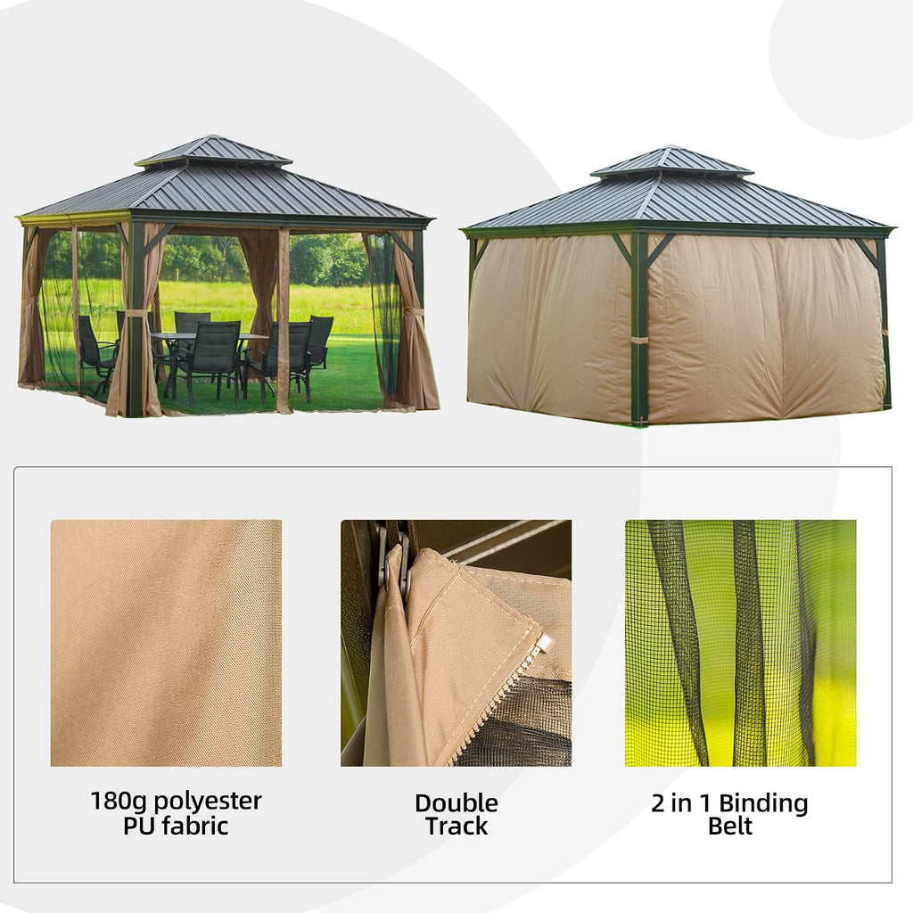 Domi Hardtop Gazebo 12x12FT, Outdoor Gazebo with Galvanized Steel Double Roof, Aluminum Frame, Built-in Gutter System, Curtain and Netting, Metal Gazebo Pavilion for Patio Deck Garden, Brown