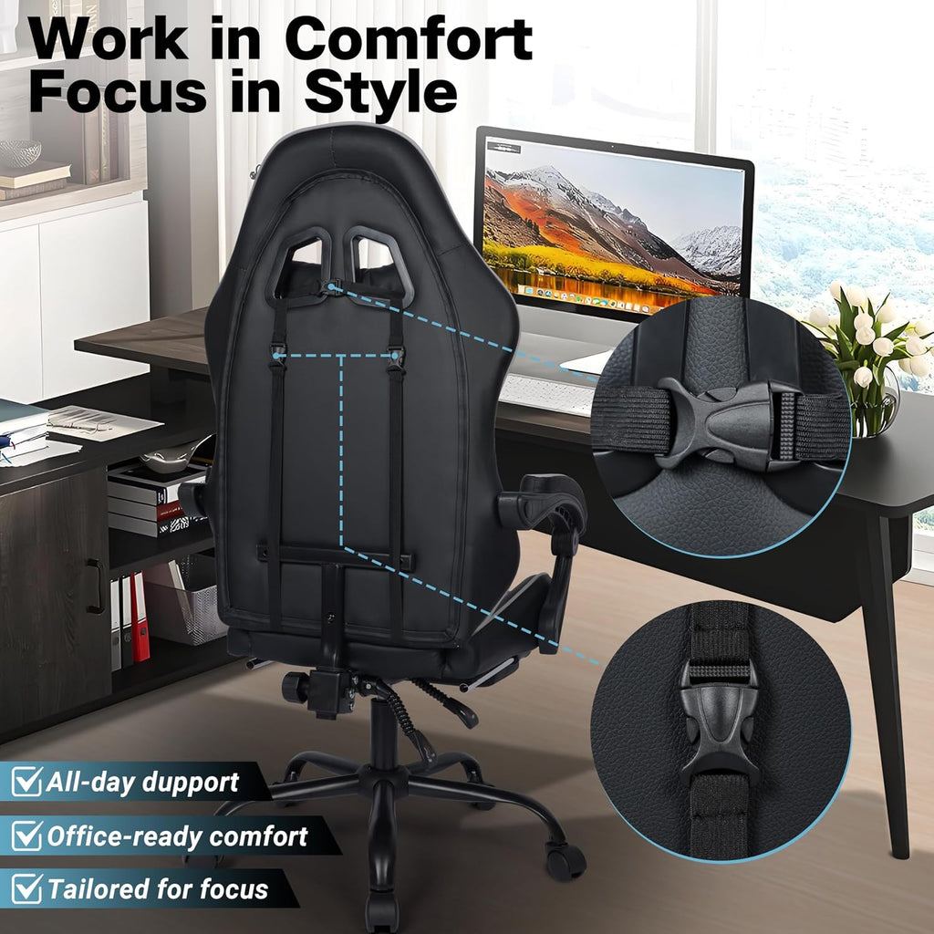 FAB&Deluxe Gaming Chair, Ergonomic Computer Office Chair with Footrest and Lumbar Support, Height Adjustable Desk Chair with 360° Swivel Seat and Headrest, Grey & Black