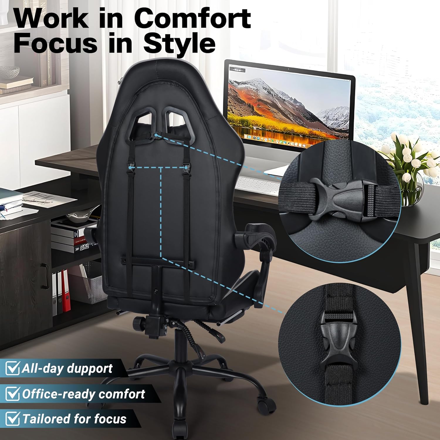 FAB&Deluxe Gaming Chair, Ergonomic Computer Office Chair with Footrest and Lumbar Support, Height Adjustable Desk Chair with 360° Swivel Seat and Headrest, Grey & Black
