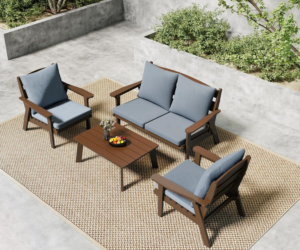 FOOWIN 4-Piece Patio Furniture Set, HDPE All-Weather Outdoor Conversation Set with Thick Cushions, Sectional Patio Sofa Furniture for Deck, Porch, Lawn, Garden, Brown Frame & Grey Cushion
