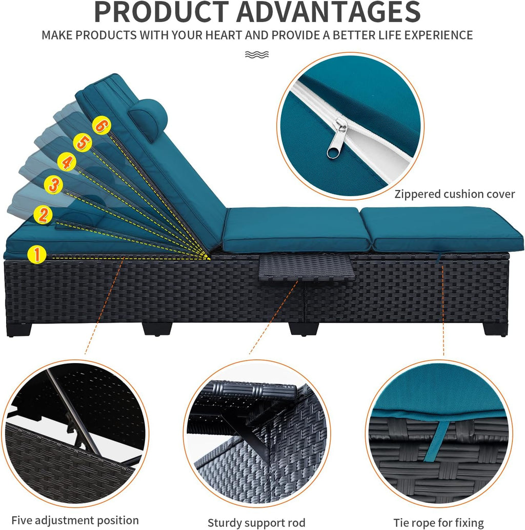 WAROOM Outdoor Chaise Lounge Chairs for Outside Patio Furniture Set of 2 Wicker Recliner Black Rattan Sunbathing Lounger Adjustable Backrest Pool Reclining Chair, Peacock Blue Cushion
