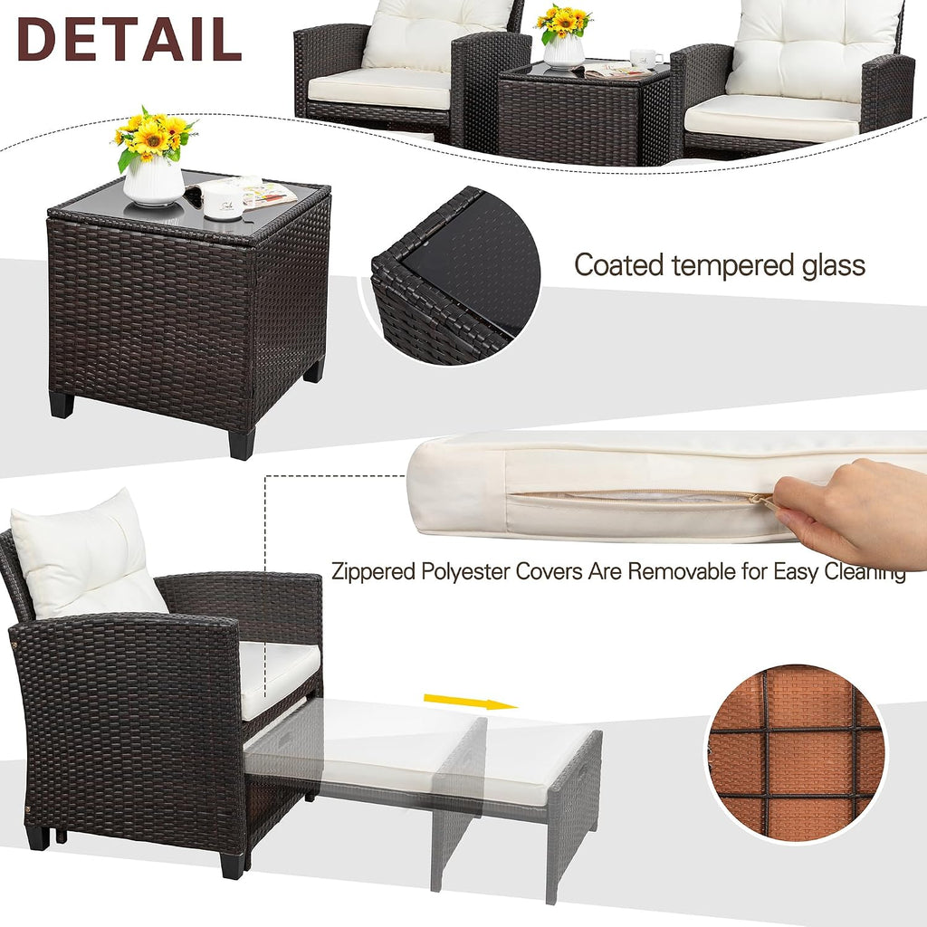 Vongrasig Patio Chair with Ottoman, 5 Pieces Patio Furniture Set Small Balcony Furniture, Rattan Patio Chairs Set of 2 with Glass Table for Front Porch Garden (Beige)