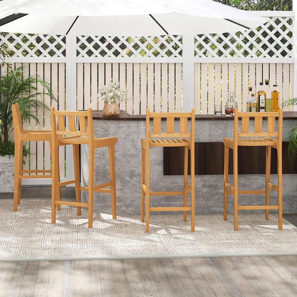 Tangkula Teak Wood Bar Stool Set of 4, 30' Bar Chair with Footrest & Backrest, Wooden Bar Height Chair, Patio Furniture for Deck, Poolside & Garden, Natural(4)