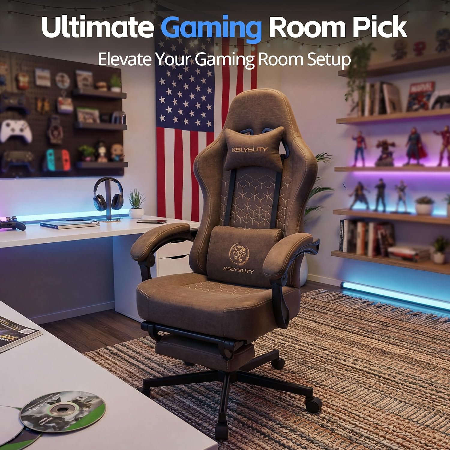 Gaming Chair Breathable Leather with Pocket Spring Cushion, Wide and High Ergonomic Office Chair with Headrest, Computer Gaming Chair with Footrest for Adult and Teen (Brown Leather)
