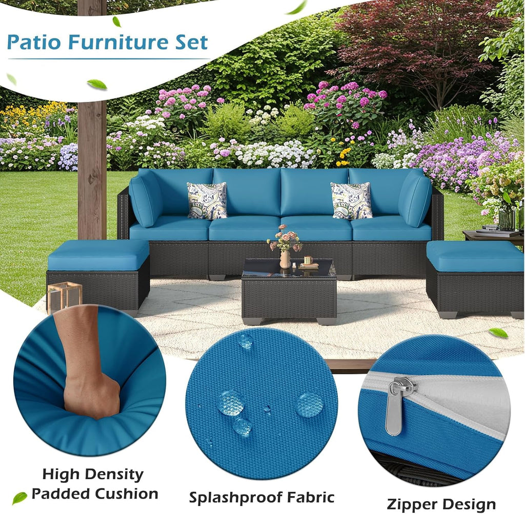 U-MAX 8 Piece Outdoor Patio Furniture Set, PE Rattan Outdoor Wicker Sectional Furniture Chair Set with Cushions and Tea Table, Black Rattan and Peacock Blue Cushion (with Cover)