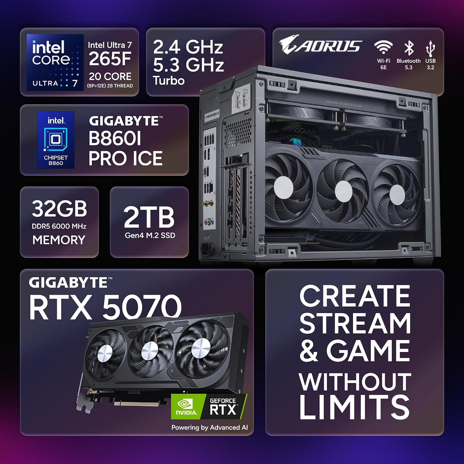 Cooler Master NR2 Pro Gaming PC – Intel Ultra 7 265F, NVIDIA GeForce RTX 5070 12GB, 32GB DDR5 6000MHz, 2TB Gen4 M.2, Windows 11, V850 SFX Gold PSU, Compact Mini ITX Desktop PC