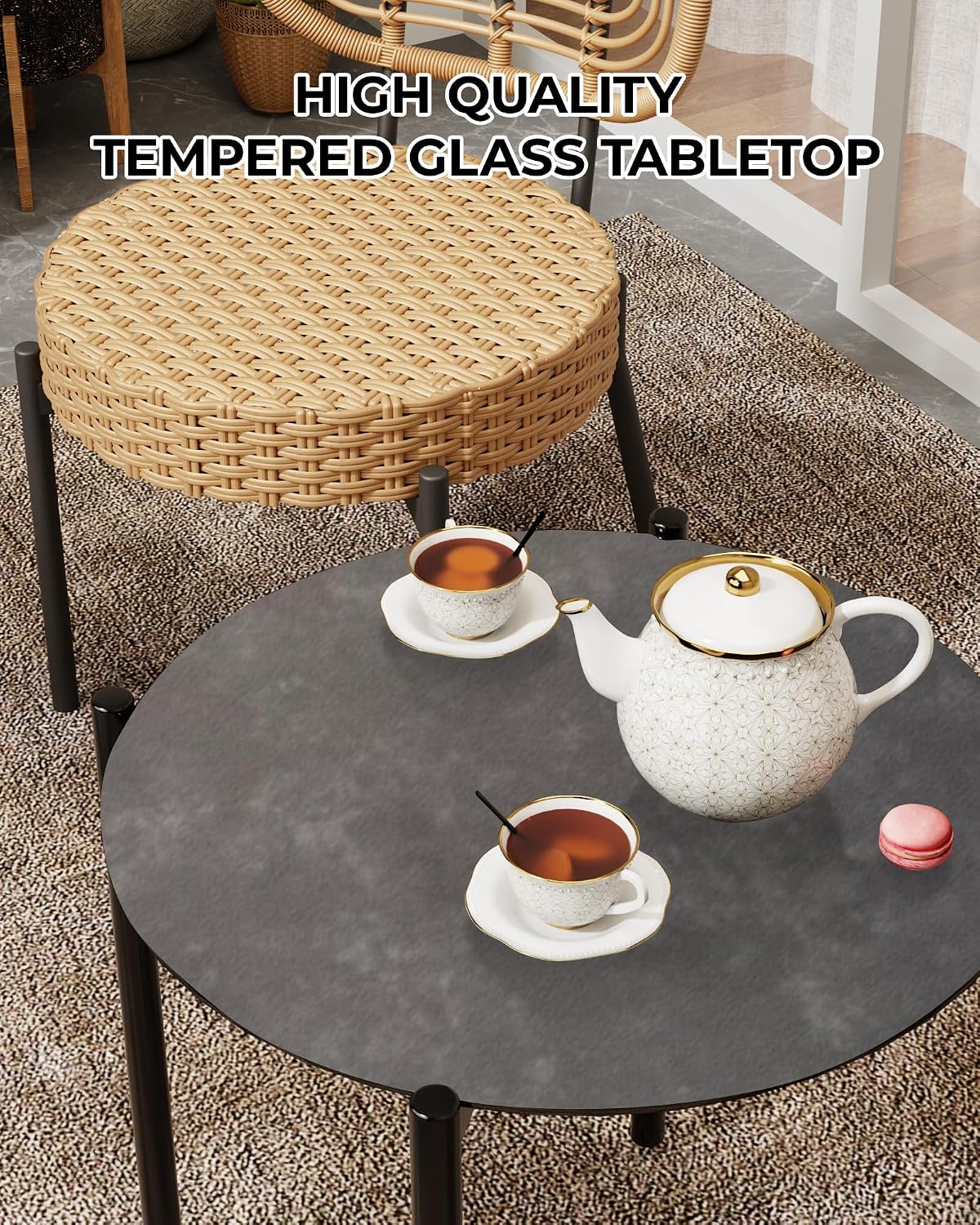 GarveeLife 3 Piece Wicker Patio Bistro Furniture Set, Outdoor Dining Chairs, Includes 2 Rattan Chairs and Tempered Glass Table, for Garden, Backyard, Balcony, Apartment, Black & Brown