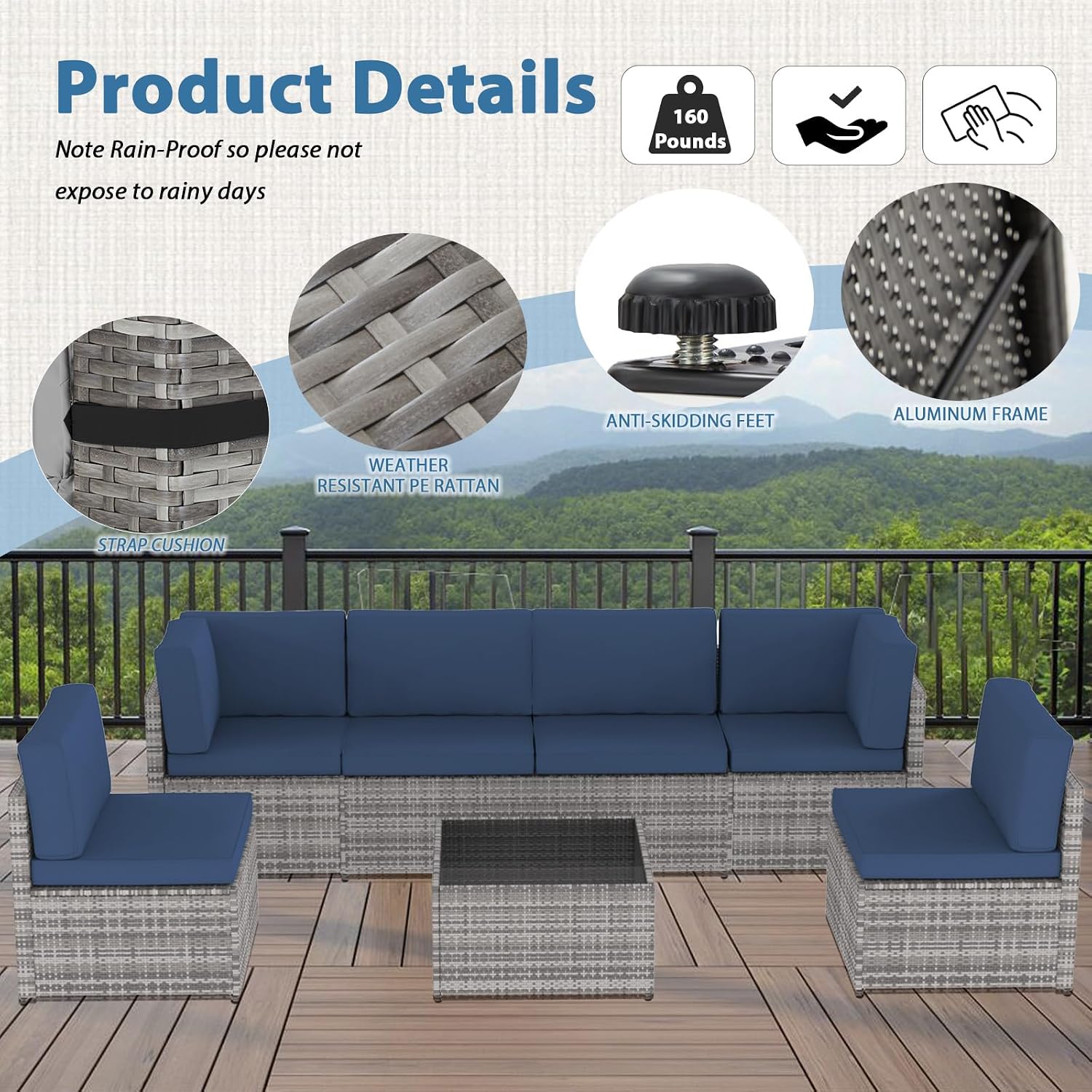 AECOJOY 7 Piece Outdoor Patio Furniture Set, Outdoor Sectional Conversation Furniture Chair with Coffee Table, Patio Sectional for Backyard, Garden(Navy Cushions and Grey PE Rattan)