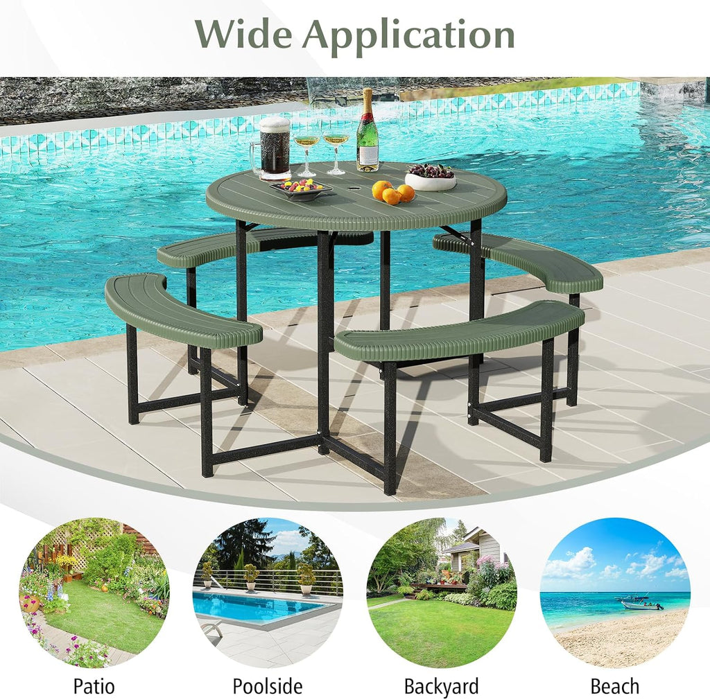 Giantex Picnic Table Bench Set for 4-8 Person, Round 37' Outdoor Dining Table w/Umbrella Hole, HDPE Tabletop, Metal Frame, Patio Furniture Set for Backyard Porch Lawn, 1400lb Capacity (Green,Round)
