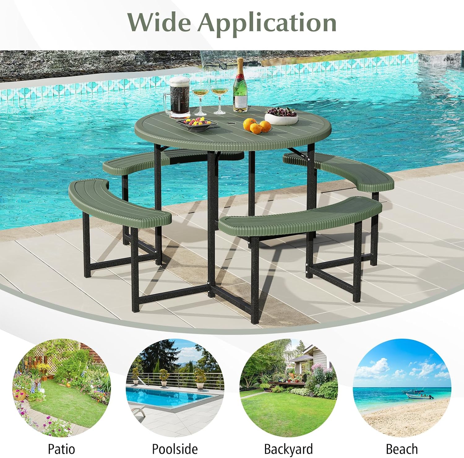 Giantex Picnic Table Bench Set for 4-8 Person, Round 37' Outdoor Dining Table w/Umbrella Hole, HDPE Tabletop, Metal Frame, Patio Furniture Set for Backyard Porch Lawn, 1400lb Capacity (Green,Round)